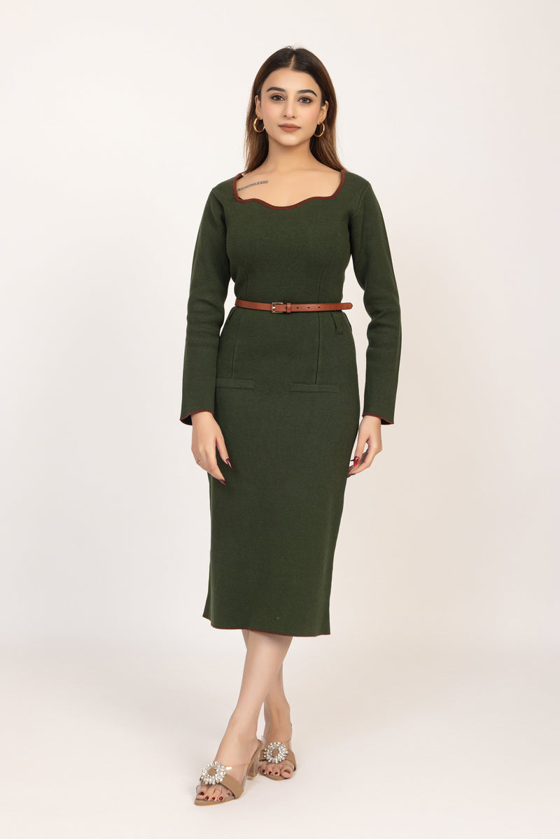 Olive Green Belted Knitted Sheath Dress with a midi length
