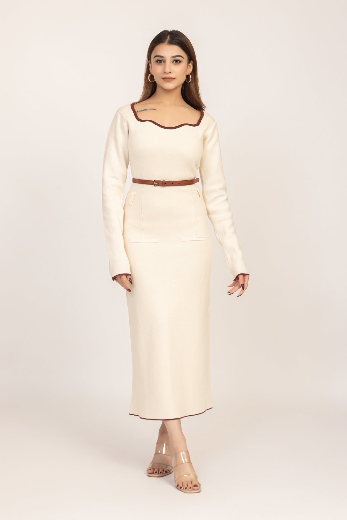 Off White Belted Knitted Sheath Dress with a midi length