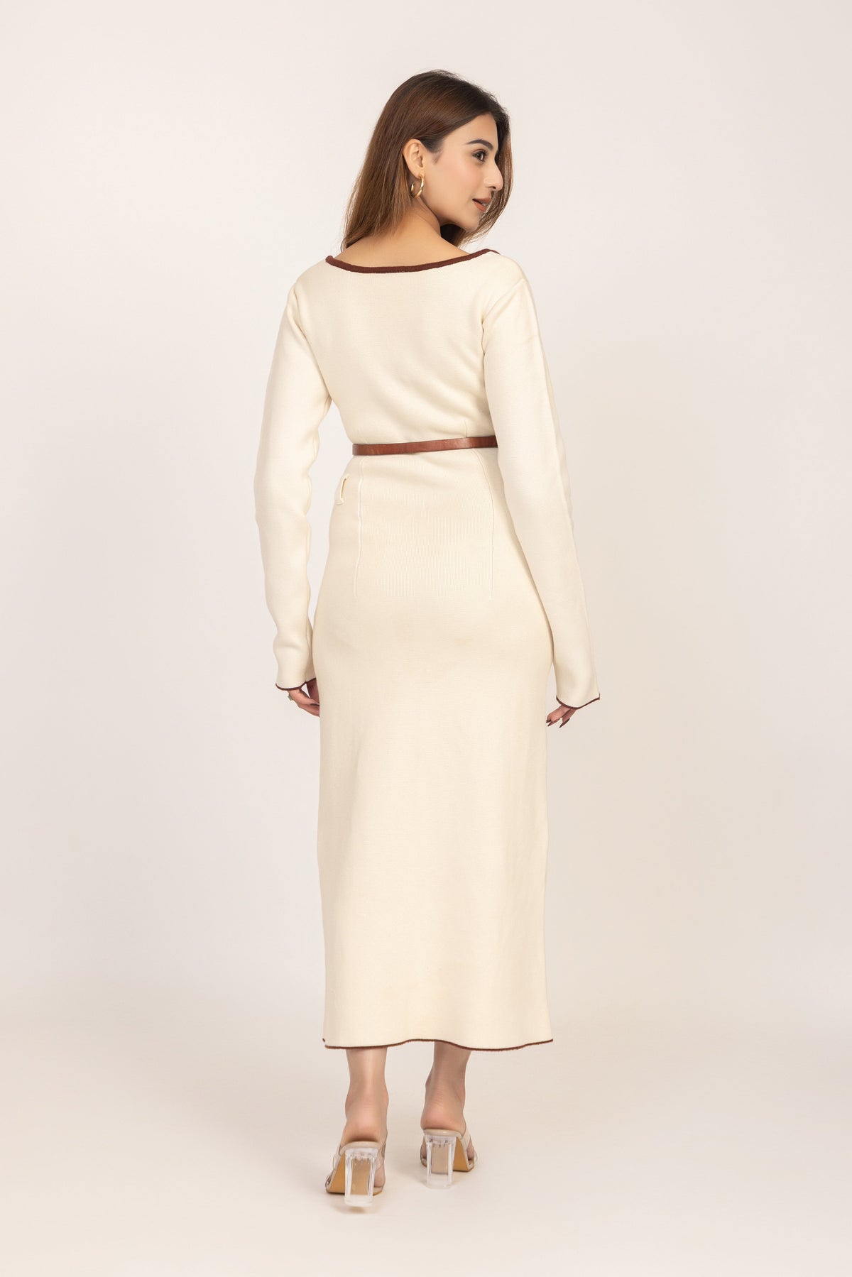 Off White Belted Knitted Sheath Dress with a midi length