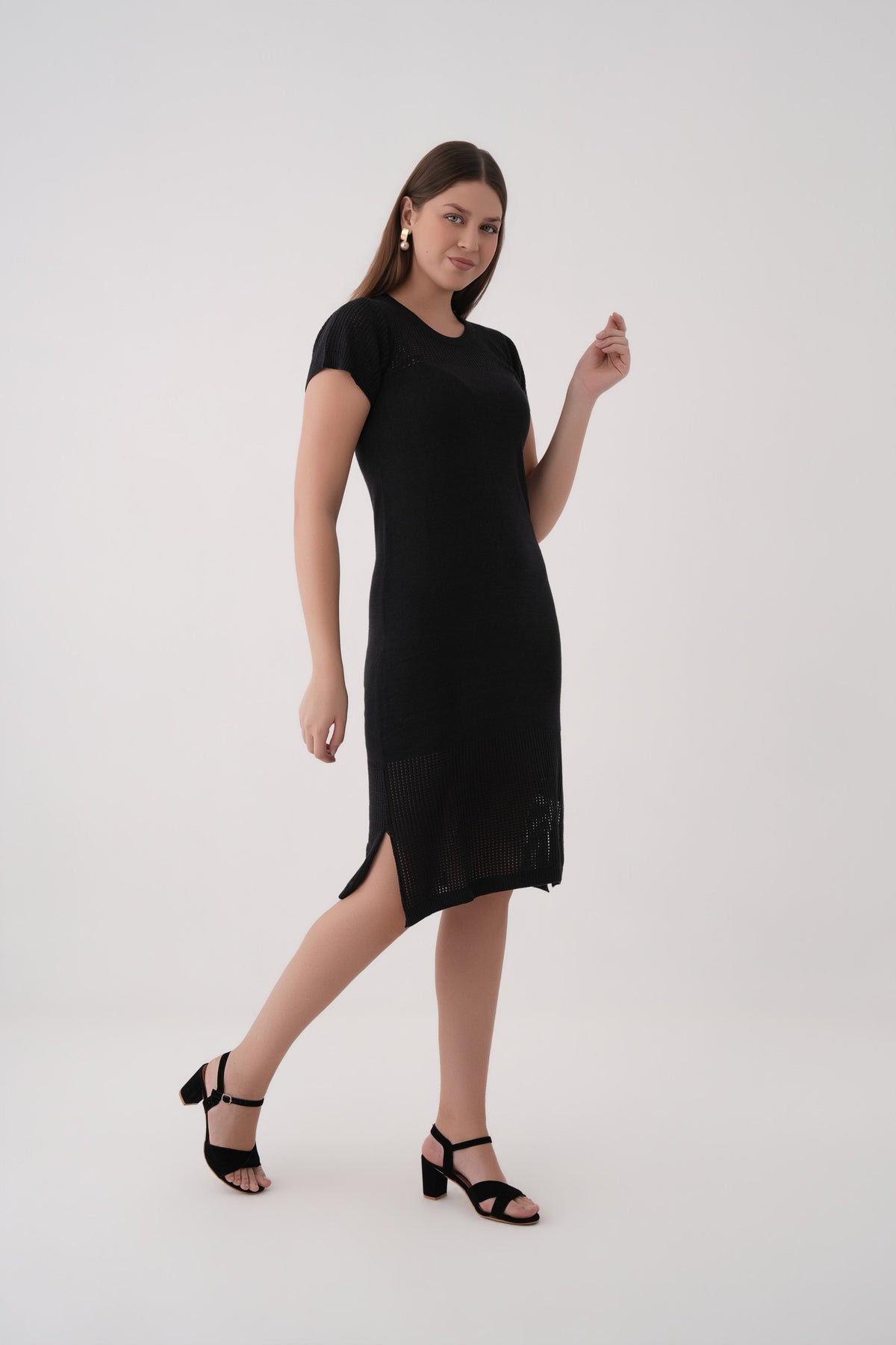 women black short sleeve knit mesh dress