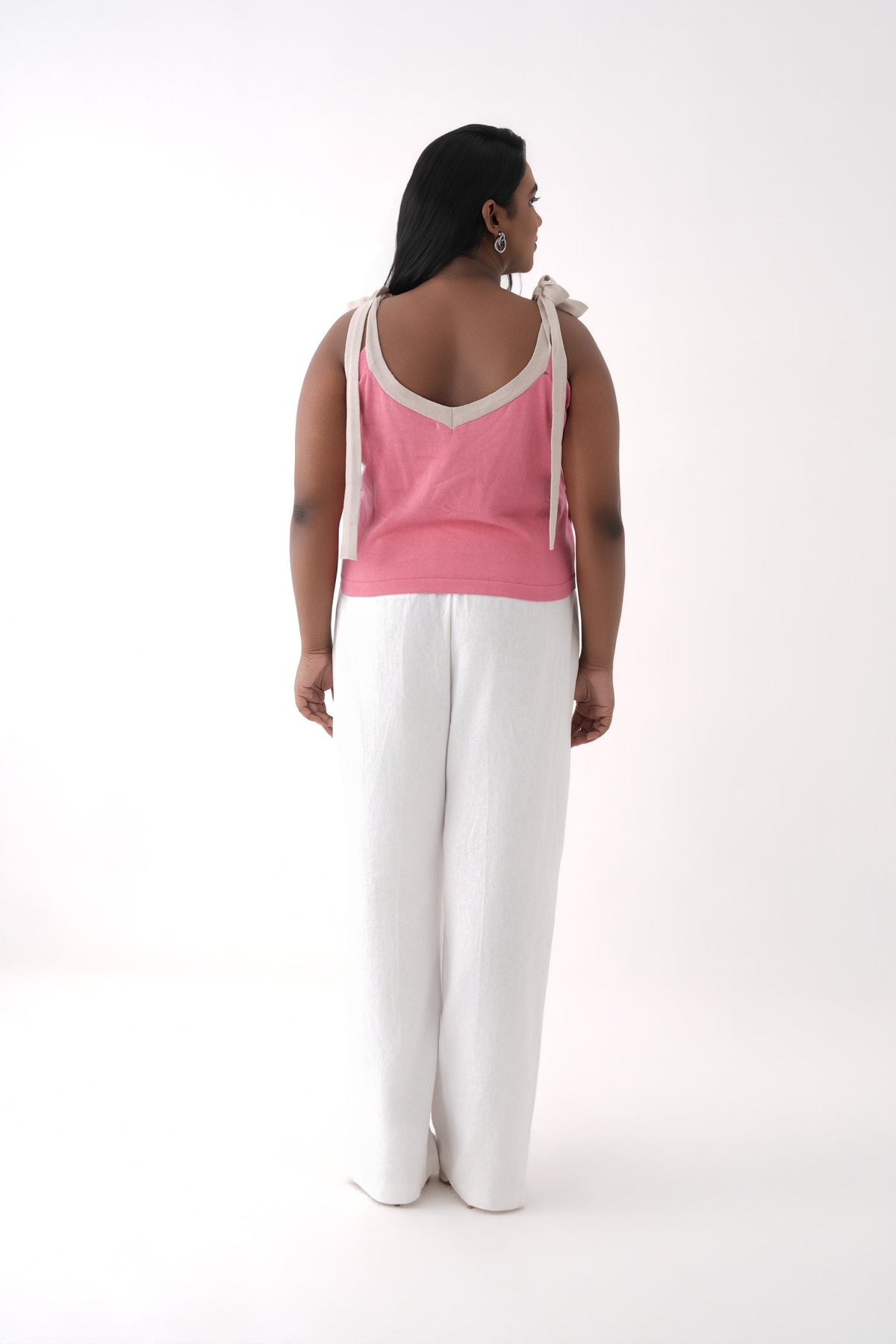 pink v neck tie up strap knitted top