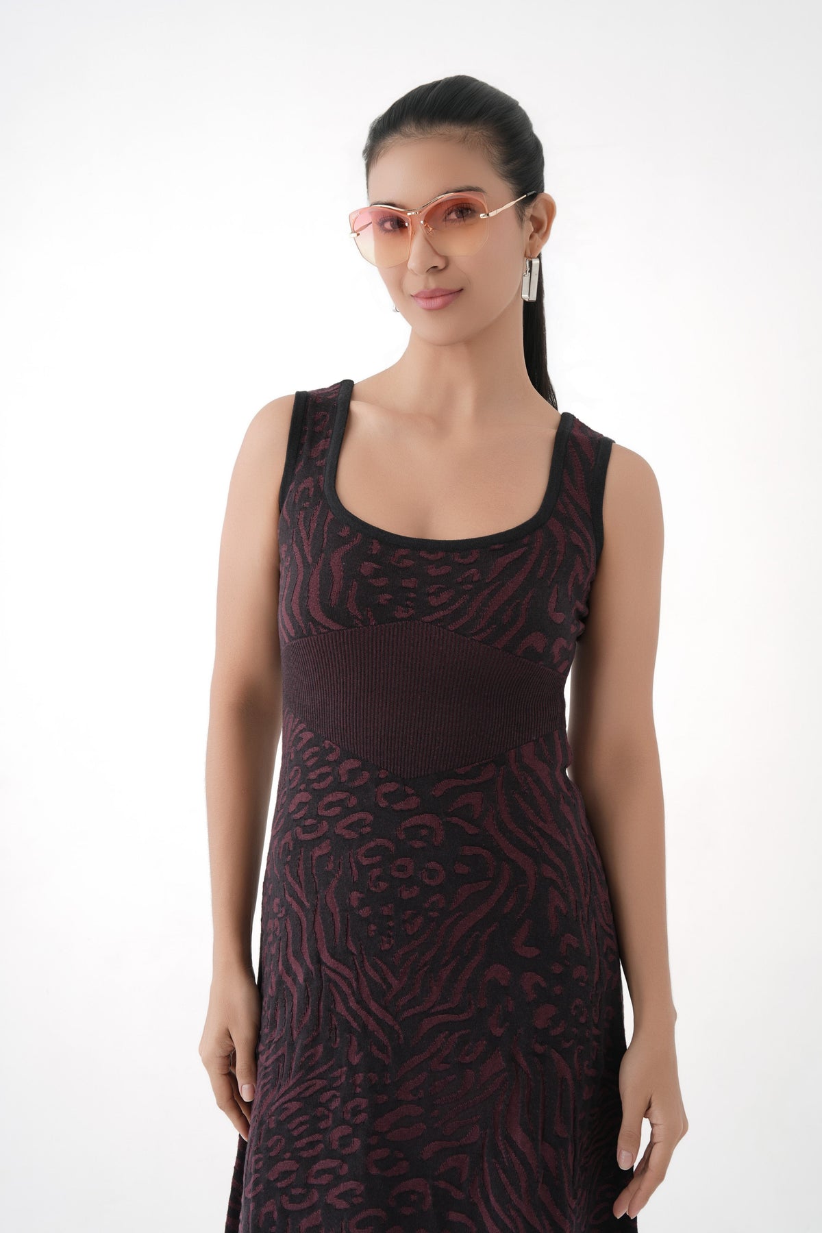 Women Black 3D Jacquard Textured Sleeveless Modal Knit Dress