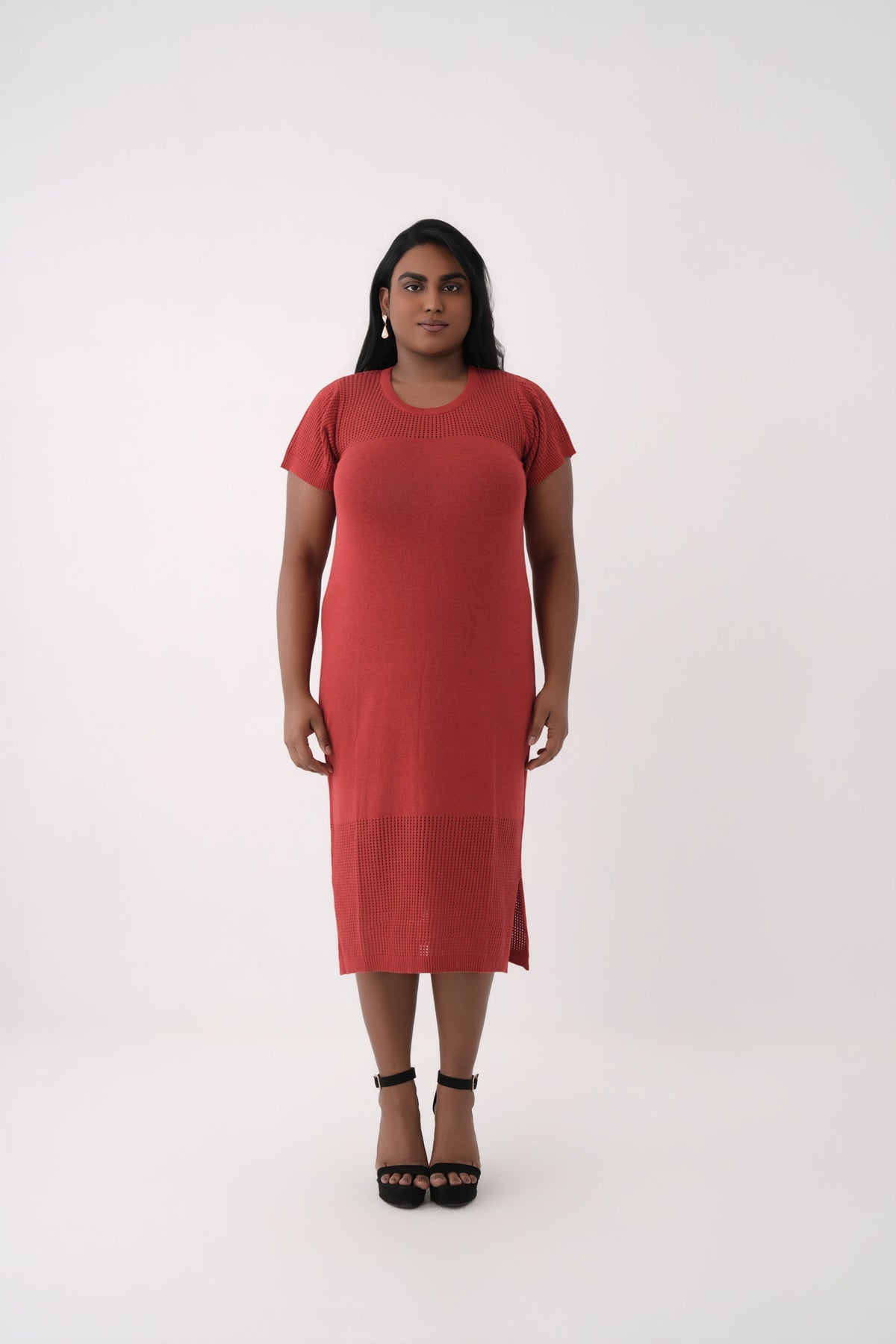 women red short sleeve knit mesh dress