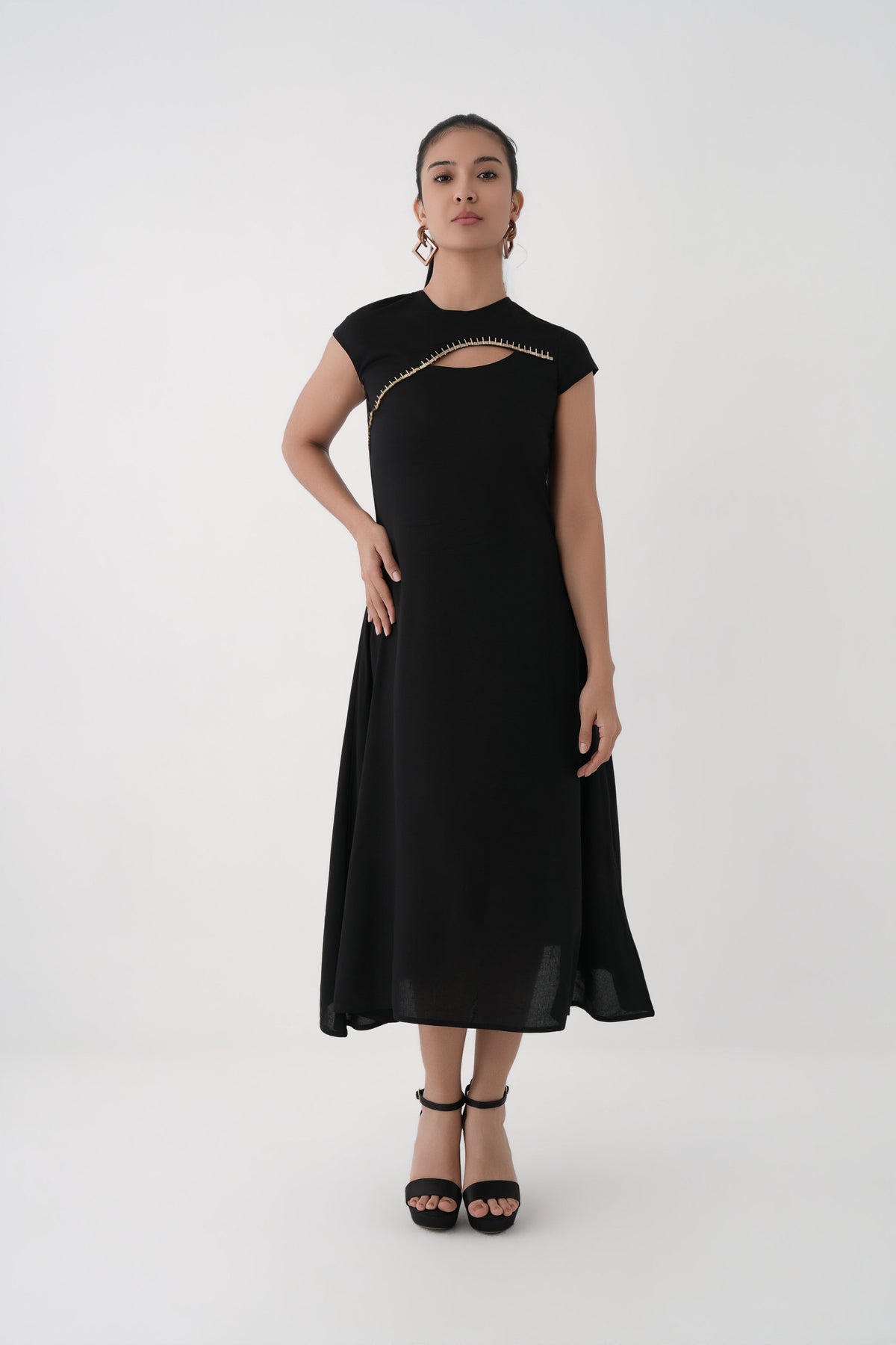 Women Black Asymmetric Panel Modal Maxi Dress with Cap Sleeves