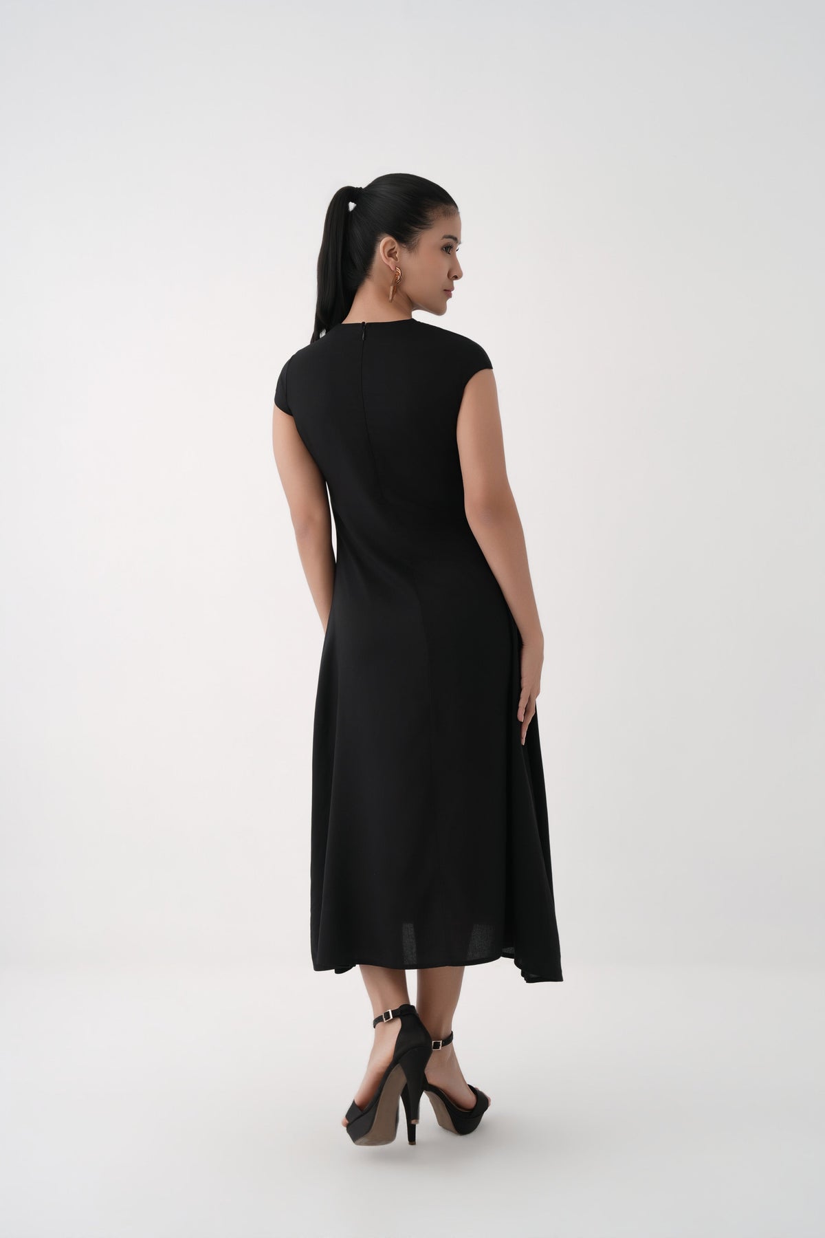 Women Black Asymmetric Panel Modal Maxi Dress with Cap Sleeves