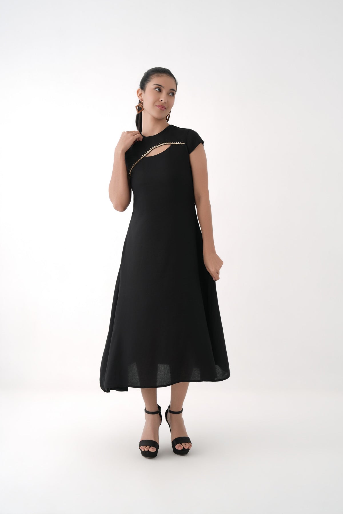 Women Black Asymmetric Panel Modal Maxi Dress with Cap Sleeves