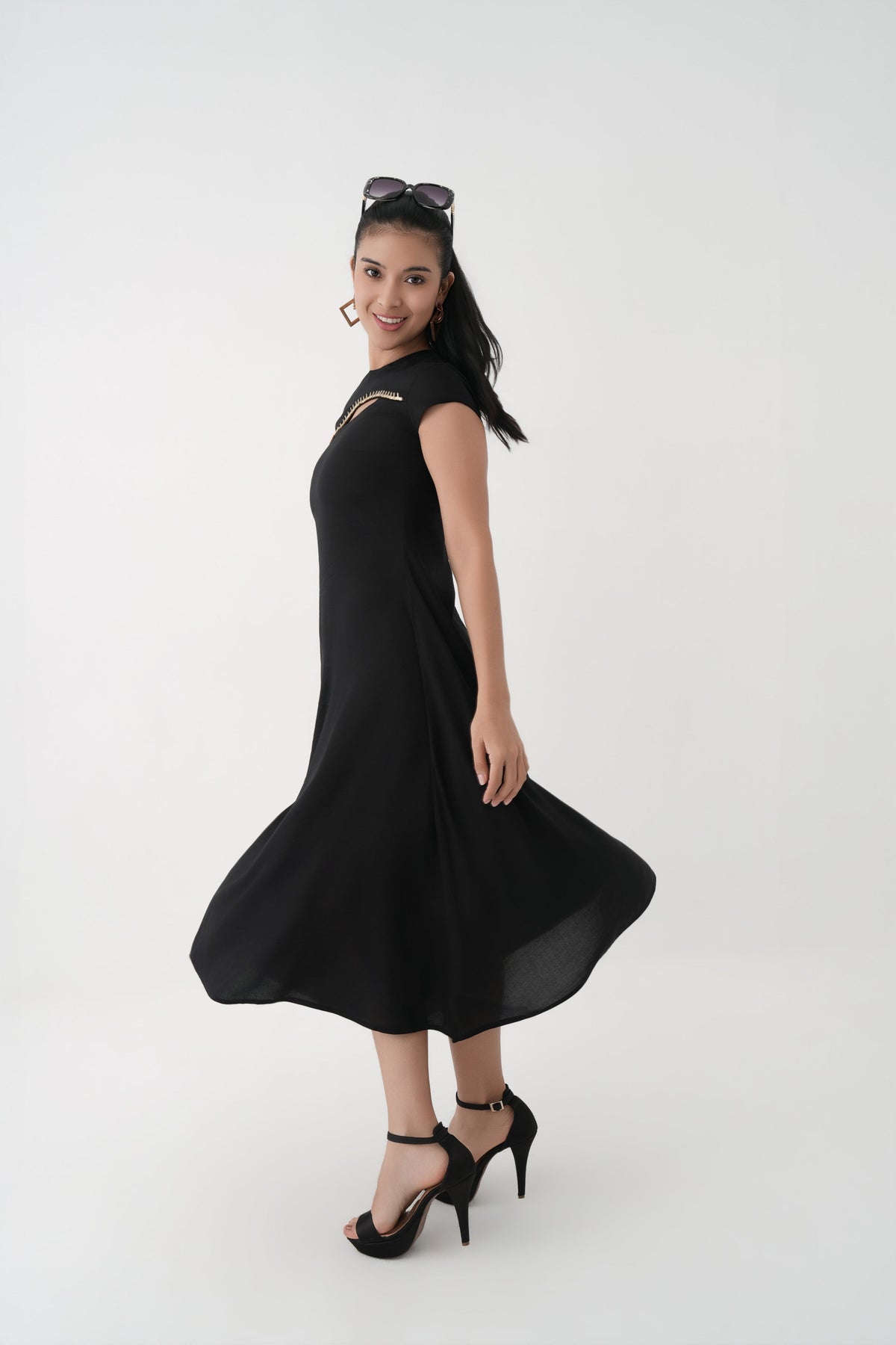 Women Black Asymmetric Panel Modal Maxi Dress with Cap Sleeves