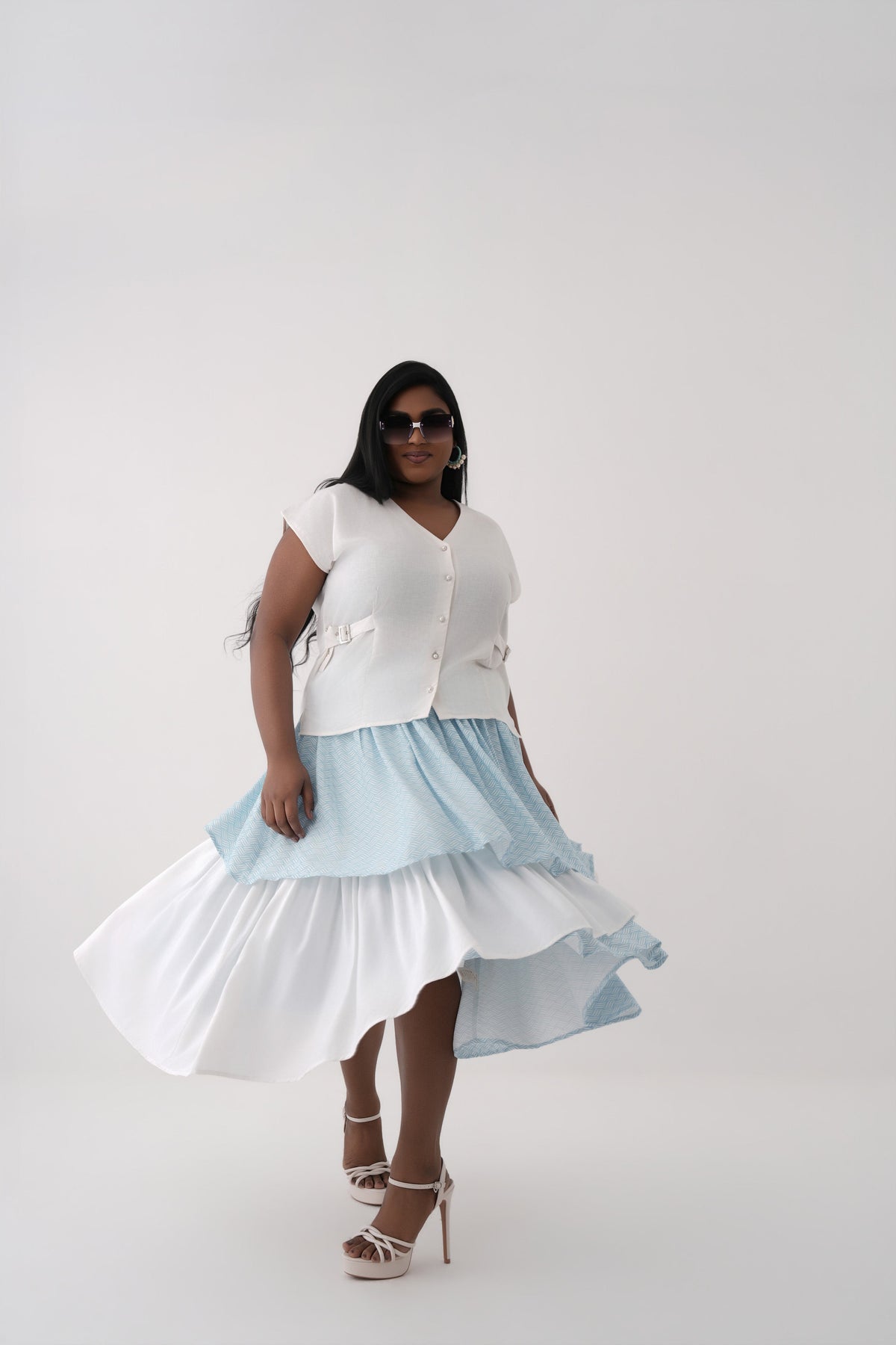 Women White Seafoam Ripple Print Linen Top and Tiered Modal Skirt Co-ord Set