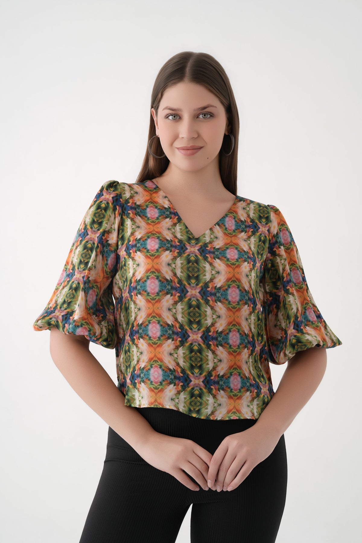 spicy mustard Puff Sleeve Printed Cupro V-Neck top