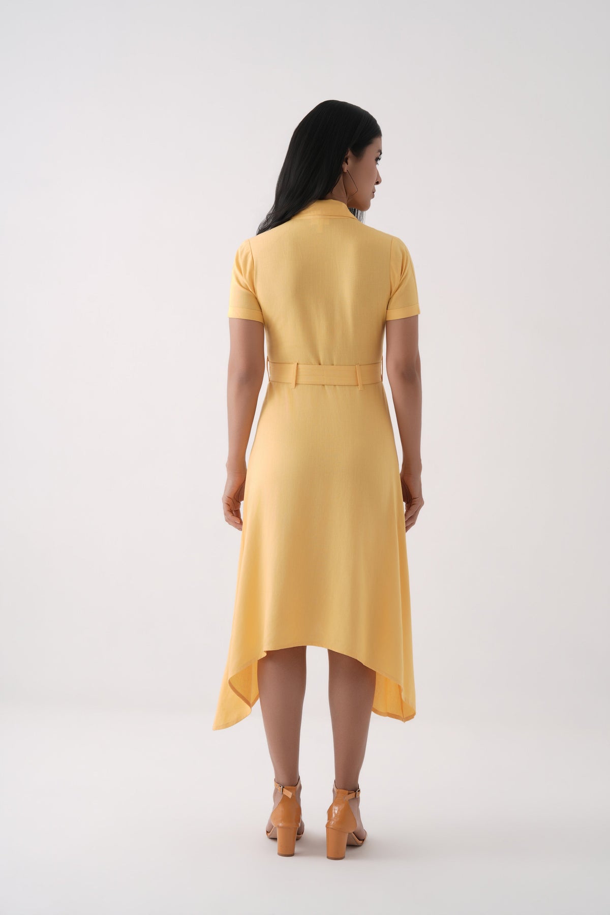 Spicy Mustard Asymmetric Hem Linen Viscose Belted Shirt Dress