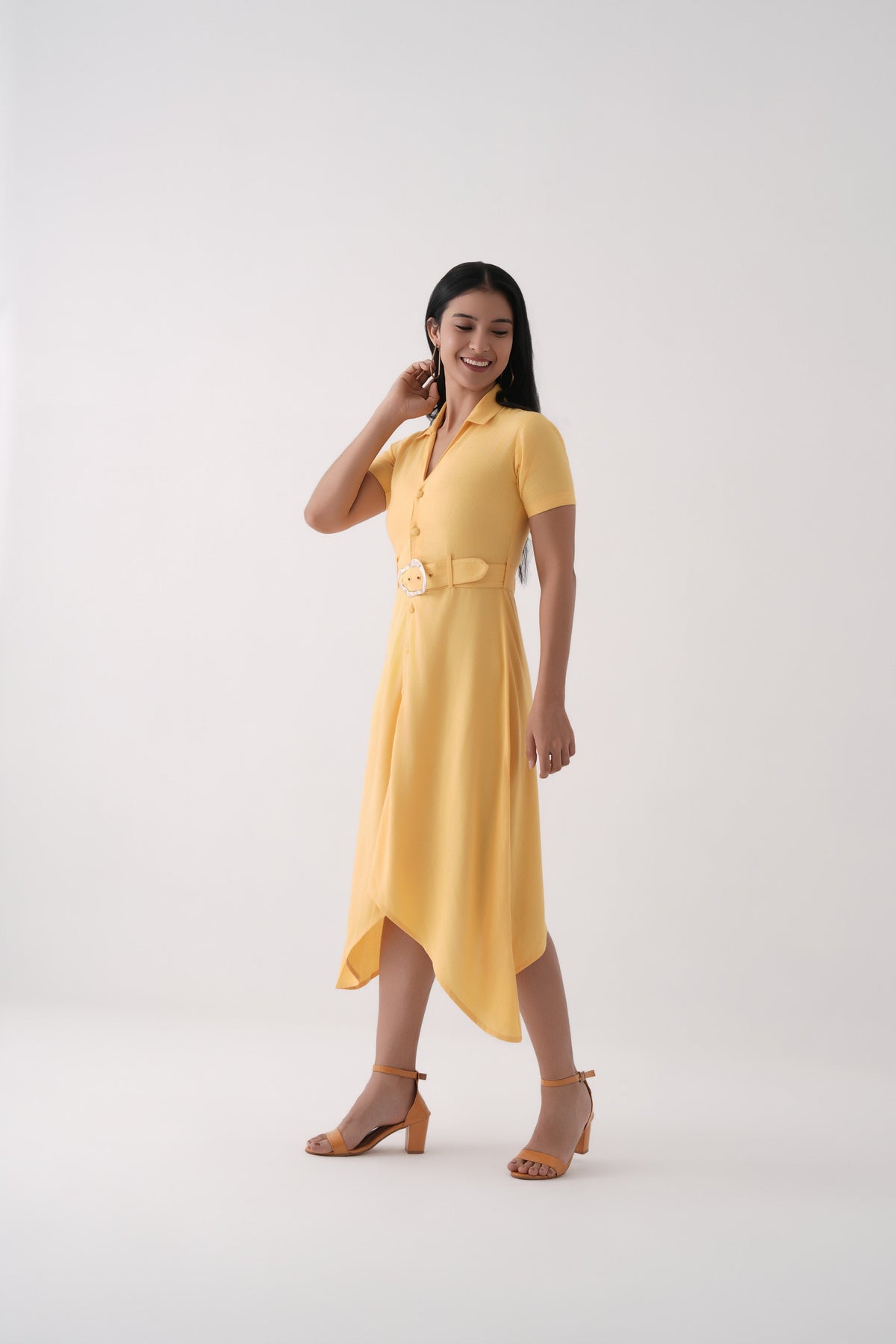 Spicy Mustard Asymmetric Hem Linen Viscose Belted Shirt Dress