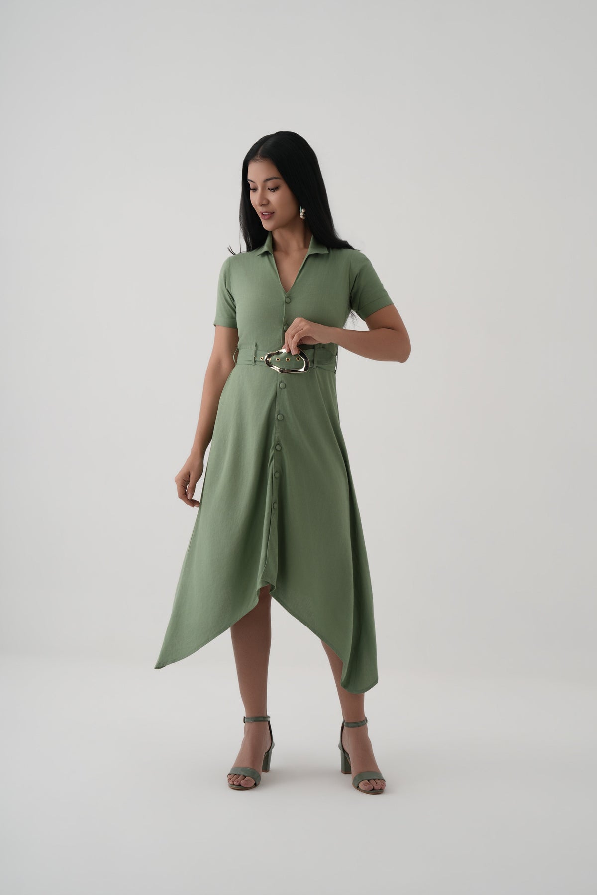 Green Asymmetric Hem Linen Viscose Belted Shirt Dress