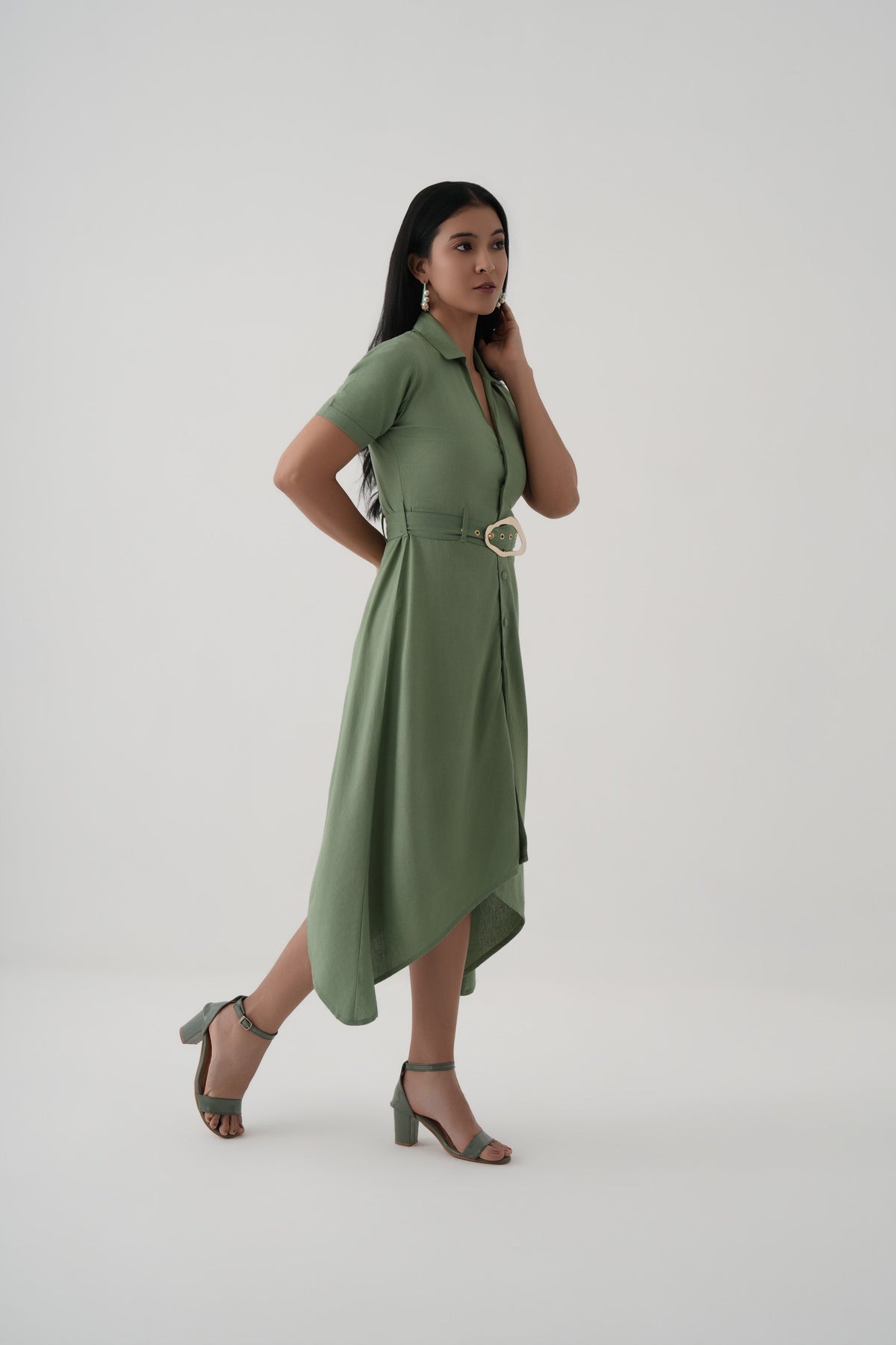 Green Asymmetric Hem Linen Viscose Belted Shirt Dress
