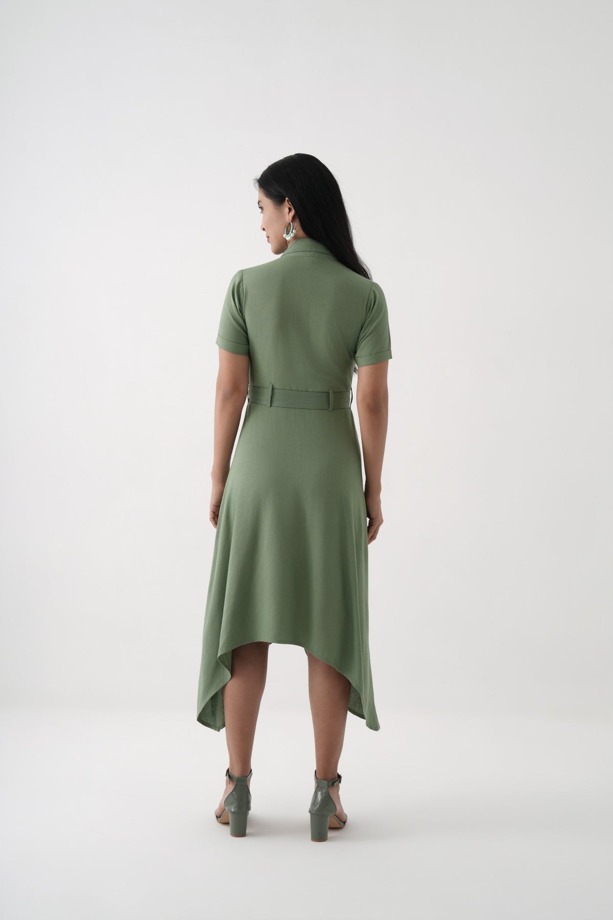 Green Asymmetric Hem Linen Viscose Belted Shirt Dress