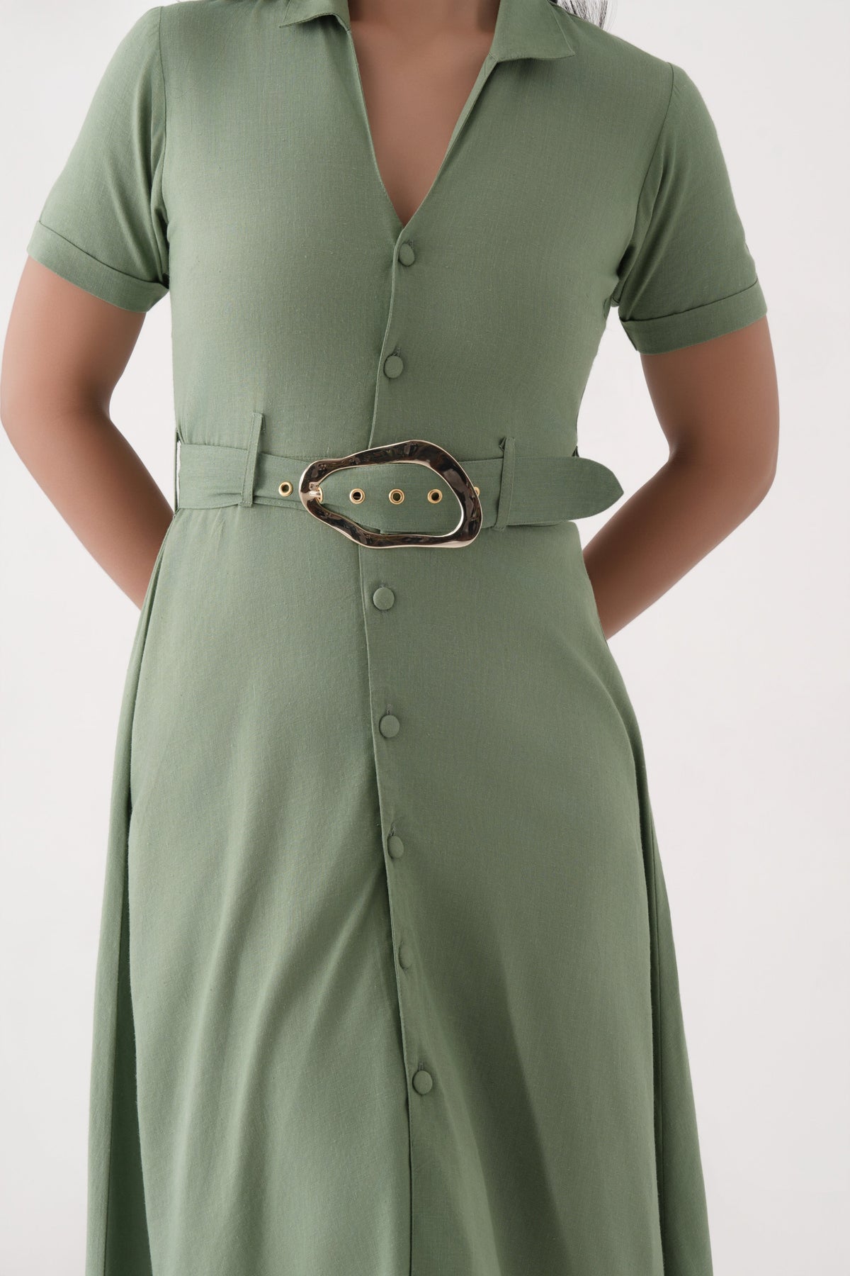 Green Asymmetric Hem Linen Viscose Belted Shirt Dress