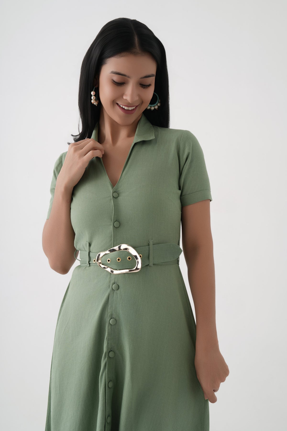 Green Asymmetric Hem Linen Viscose Belted Shirt Dress