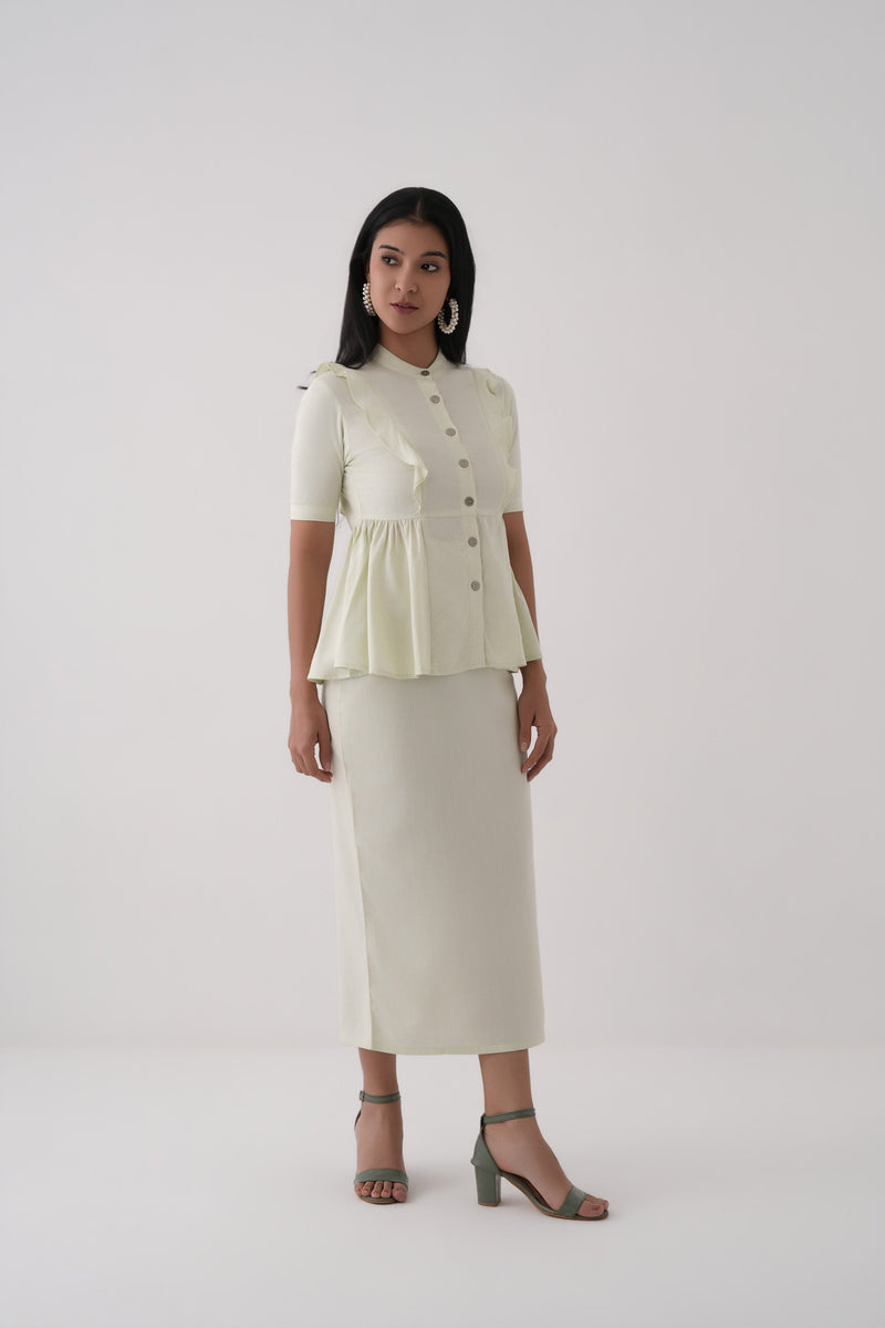 Women Lime Green Linen Viscose Button-Down Peplum Top and Midi Skirt Co-ord Set