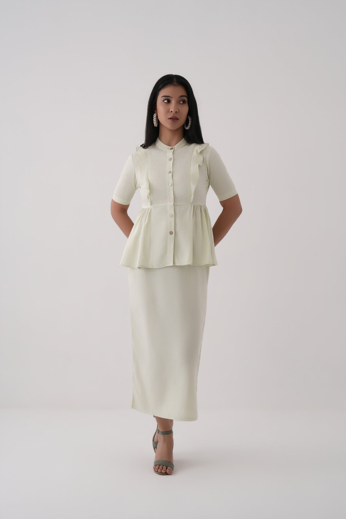 Women Lime Green Linen Viscose Button-Down Peplum Top and Midi Skirt Co-ord Set