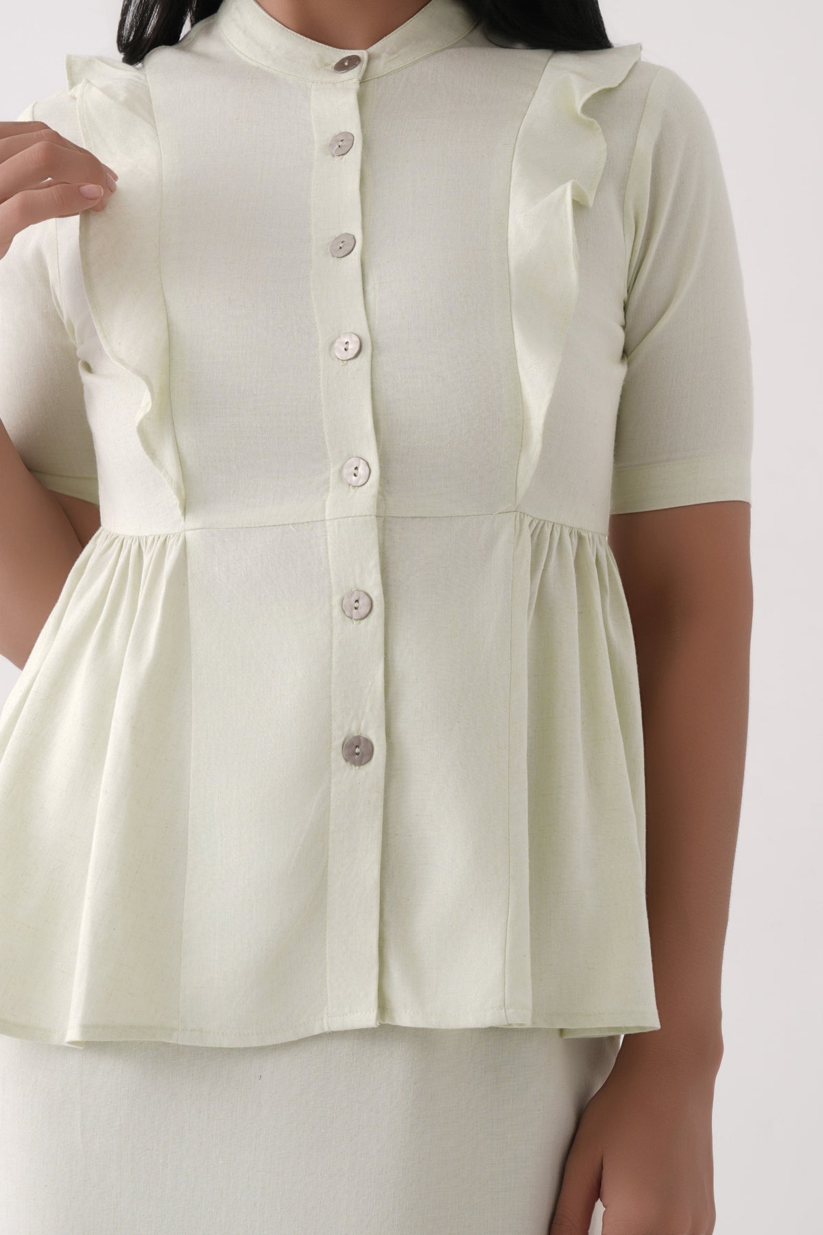 Women Lime Green Linen Viscose Button-Down Peplum Top and Midi Skirt Co-ord Set