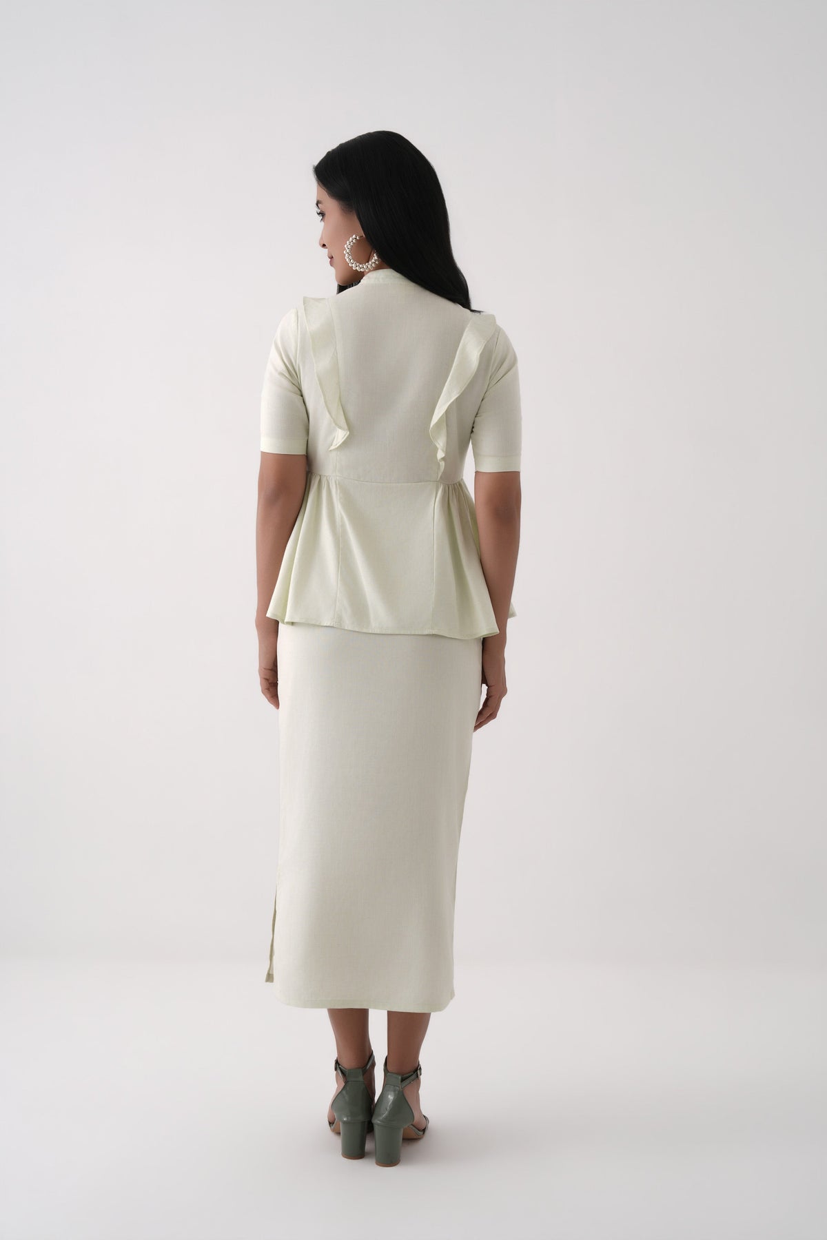 Women Lime Green Linen Viscose Button-Down Peplum Top and Midi Skirt Co-ord Set