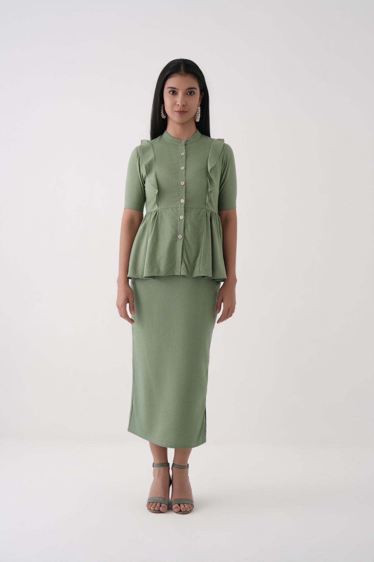 Women Green Linen Viscose Button-Down Peplum Top and Midi Skirt Co-ord Set