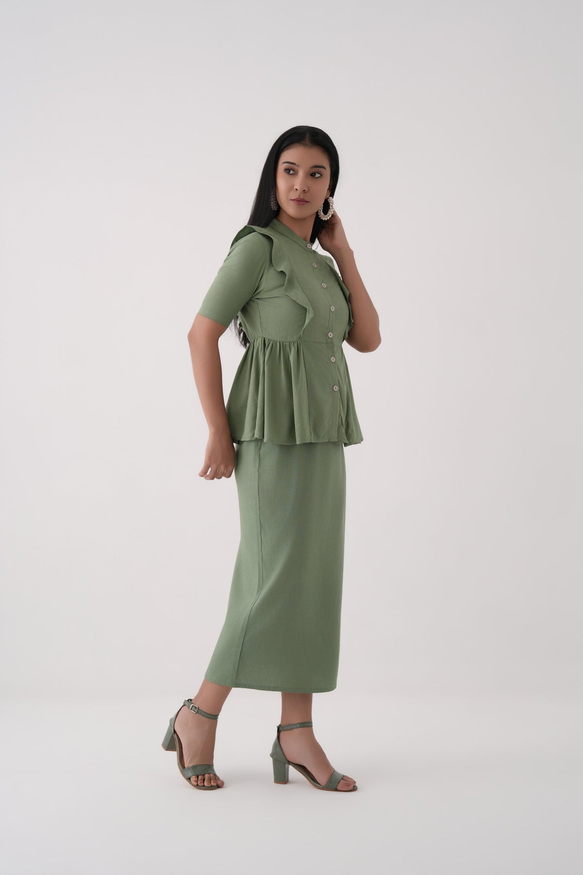 Women Green Linen Viscose Button-Down Peplum Top and Midi Skirt Co-ord Set