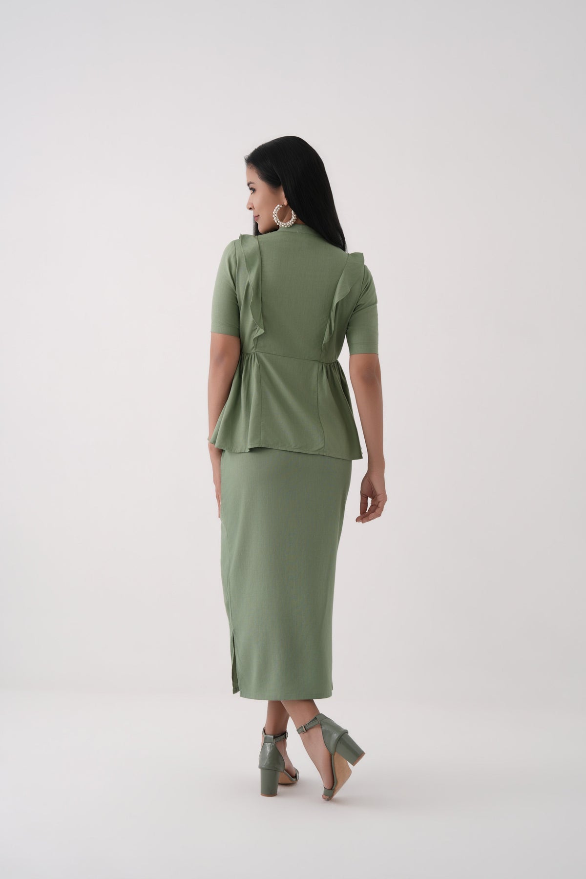 Women Green Linen Viscose Button-Down Peplum Top and Midi Skirt Co-ord Set