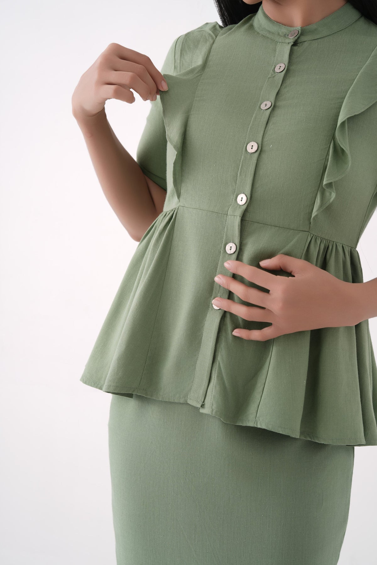 Women Green Linen Viscose Button-Down Peplum Top and Midi Skirt Co-ord Set