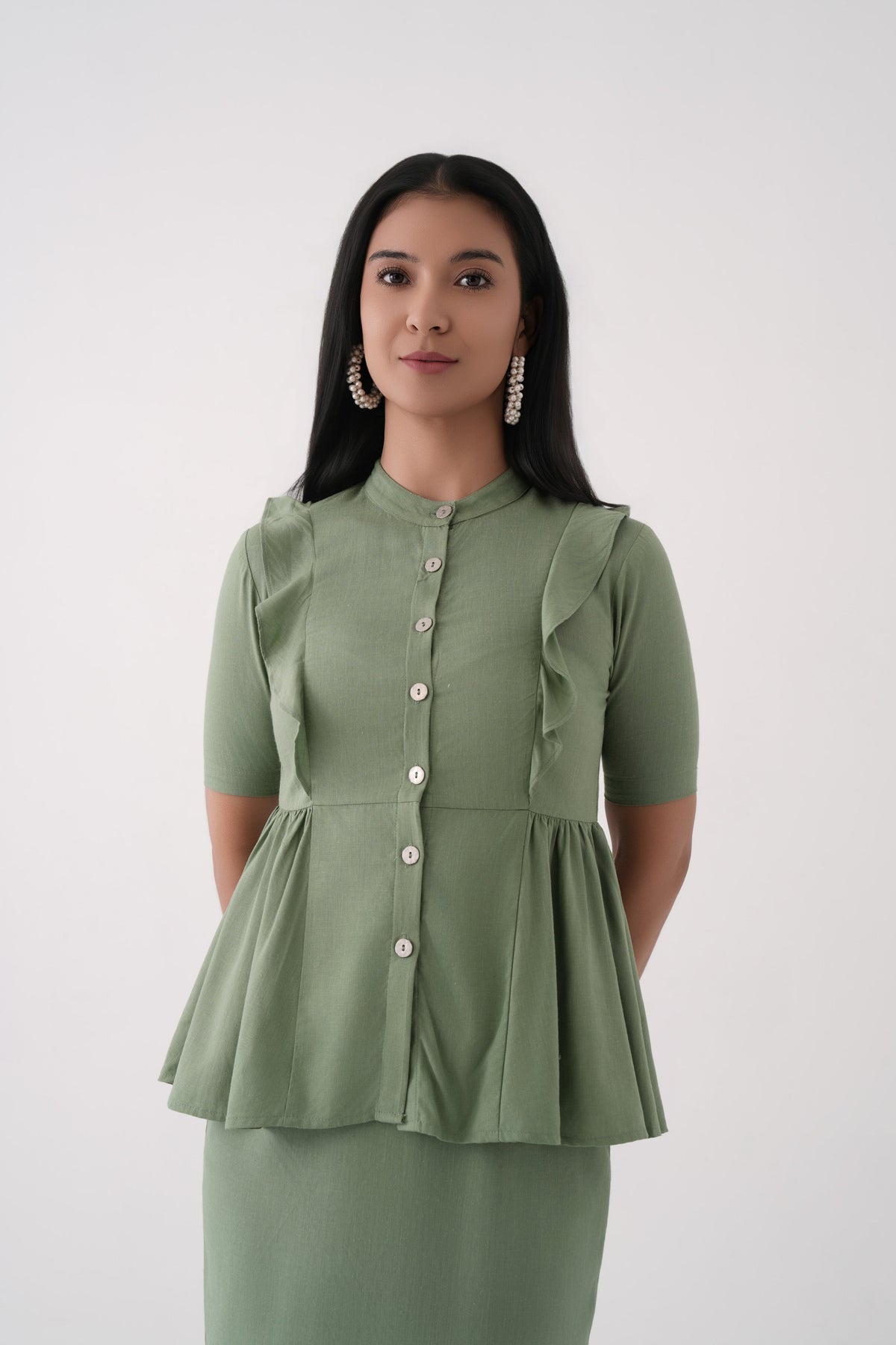 Women Green Linen Viscose Button-Down Peplum Top and Midi Skirt Co-ord Set