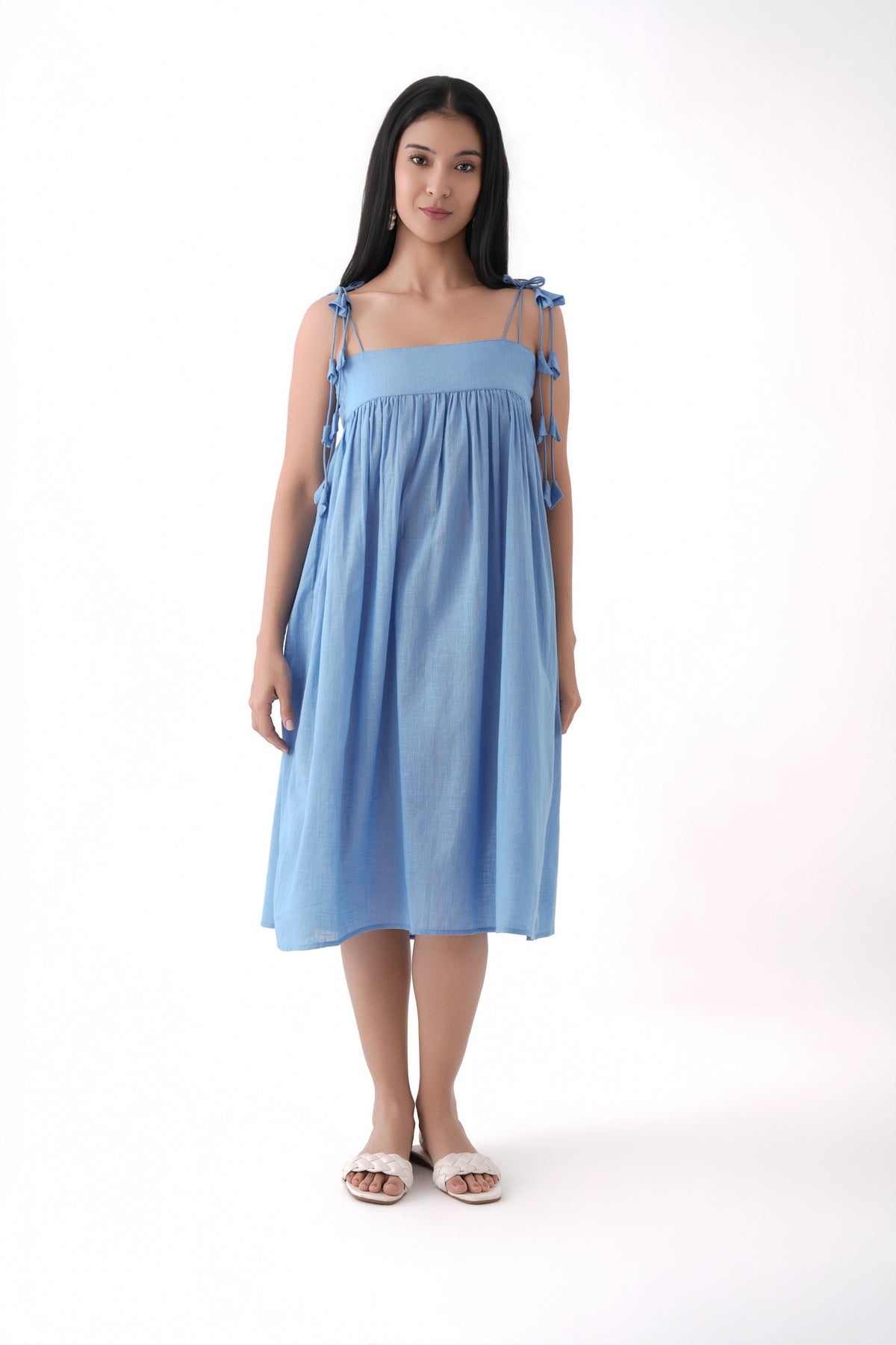 Women Blue Tassel Strap Gathered Cotton Midi Dress
