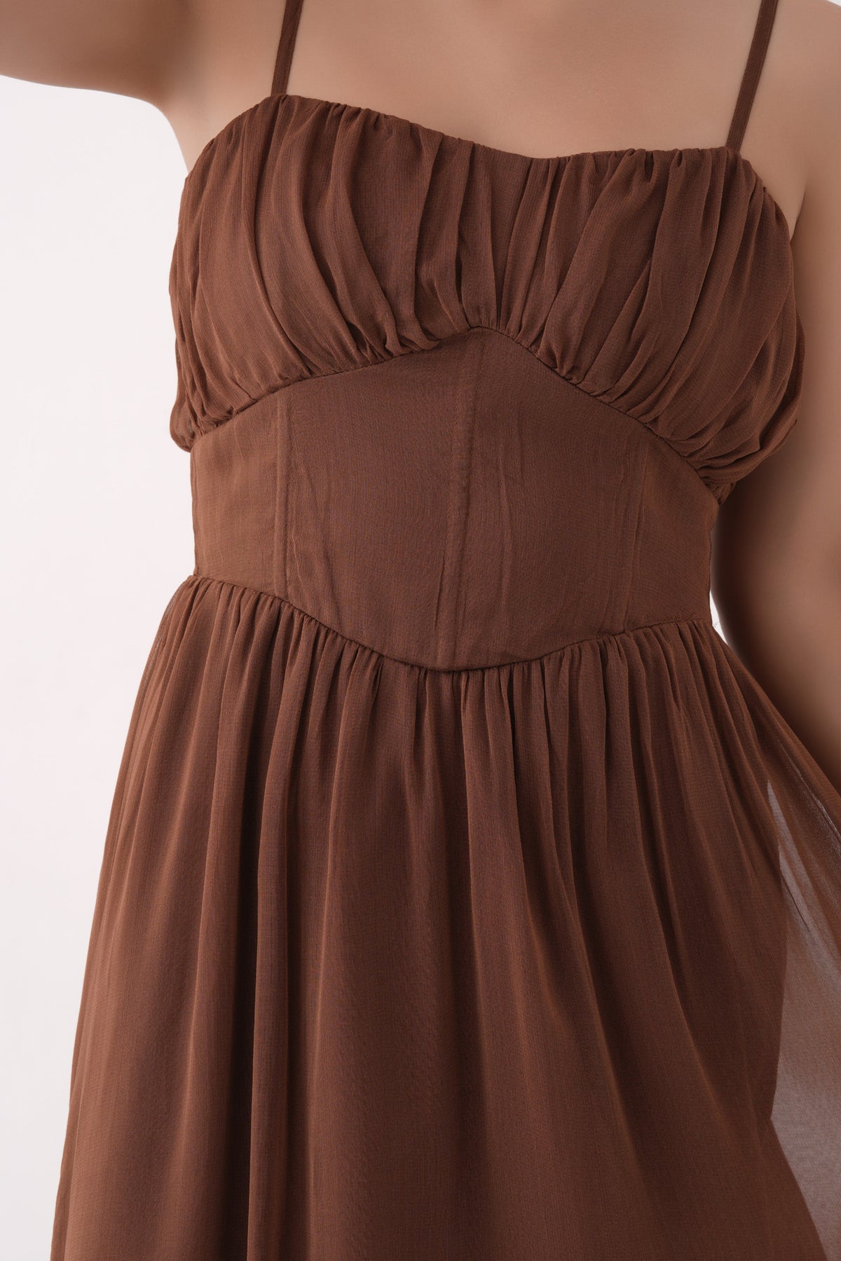 Women Brown Corset Waist Bubble Hem Georgette Dress with Shoulder Straps