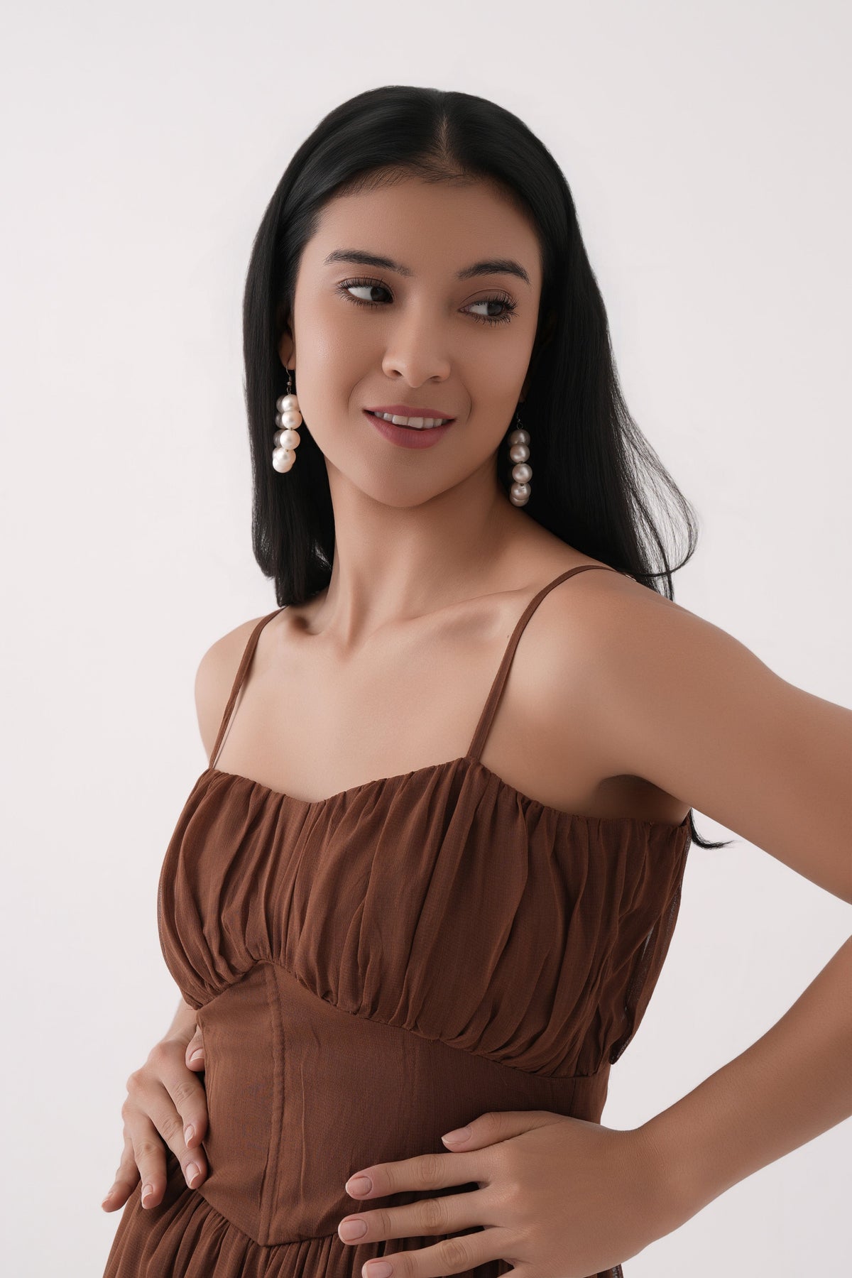 Women Brown Corset Waist Bubble Hem Georgette Dress with Shoulder Straps