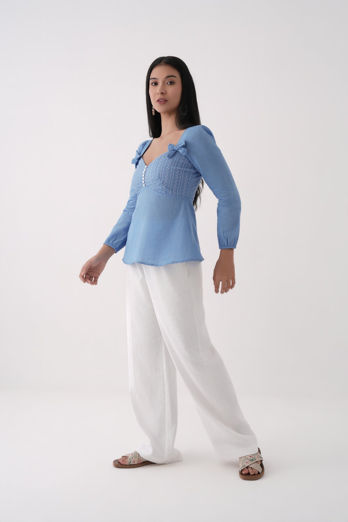 blue embroidered sweetheart peplum top