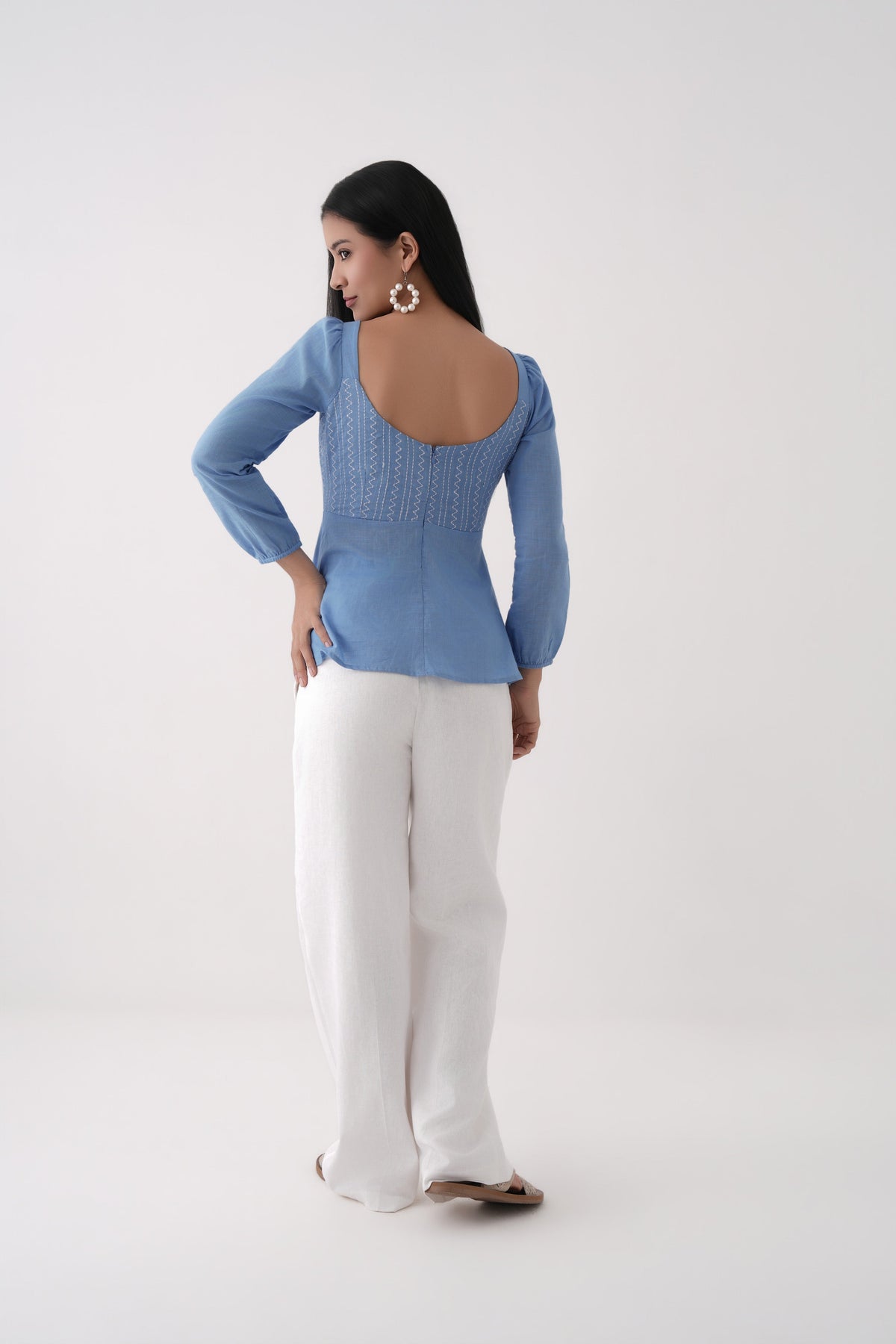 blue embroidered sweetheart peplum top