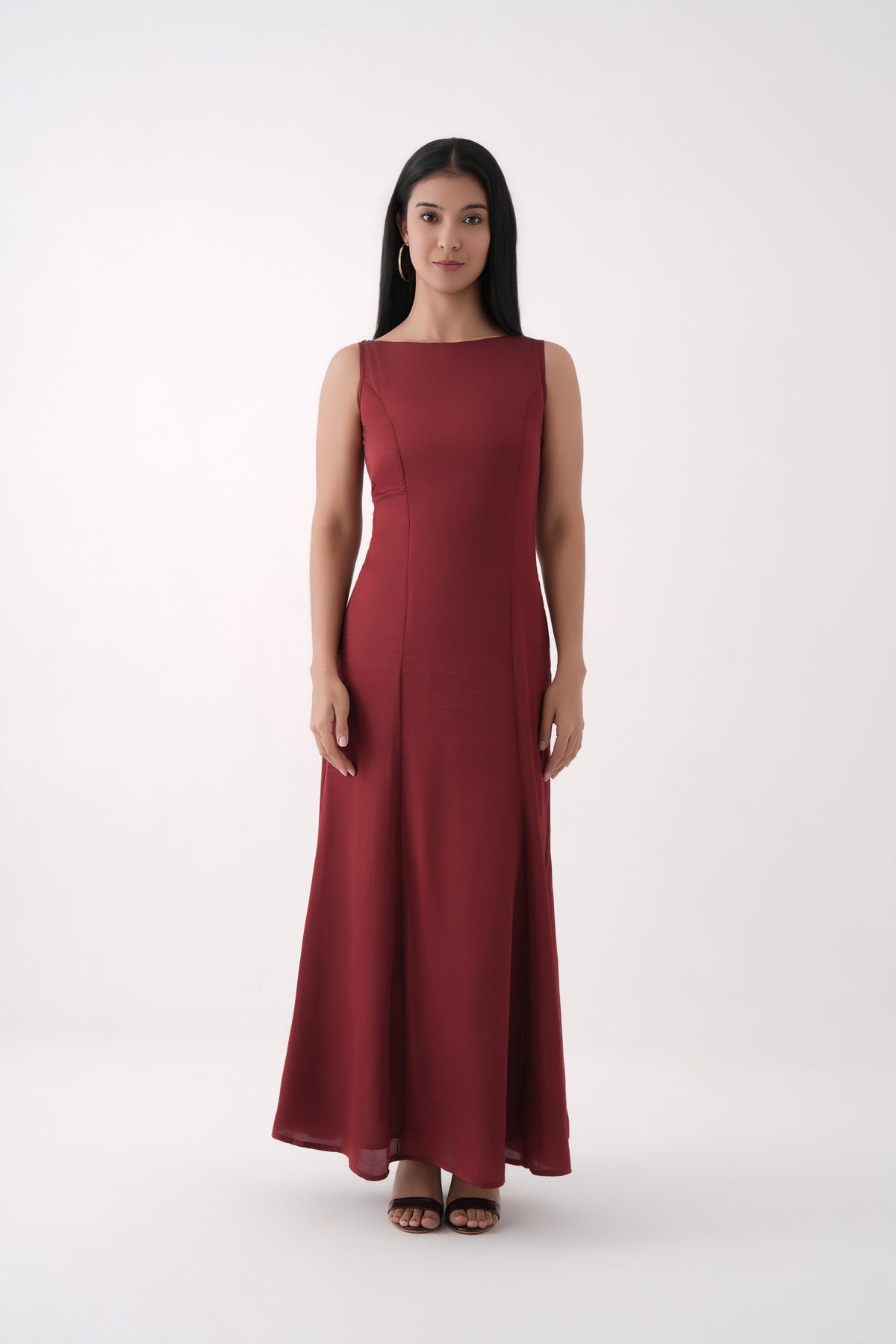 Women Cabernet Sleeveless Boat Neck Modal Satin Mermaid Maxi Dress