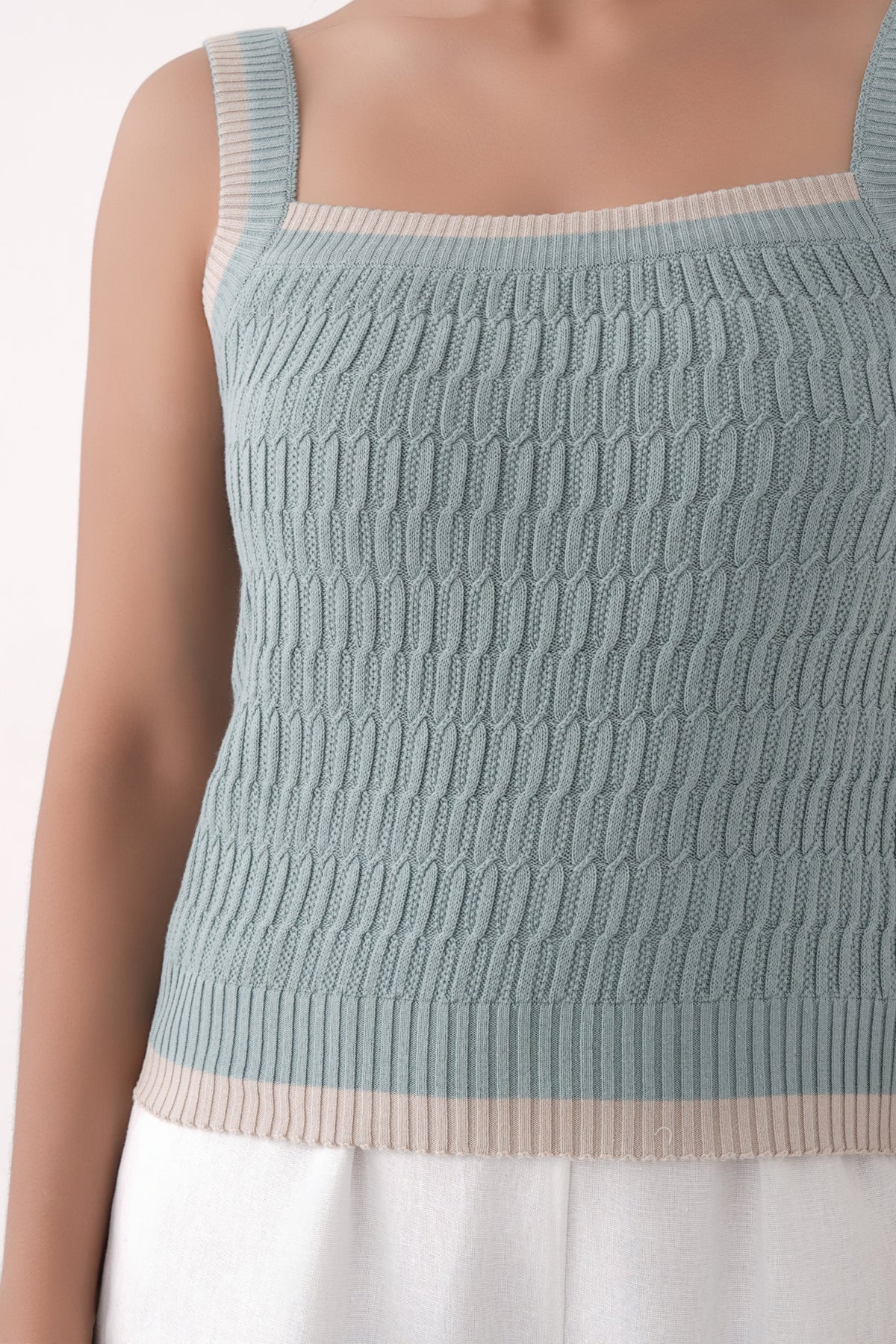 harbor green square neck cable knit tank top