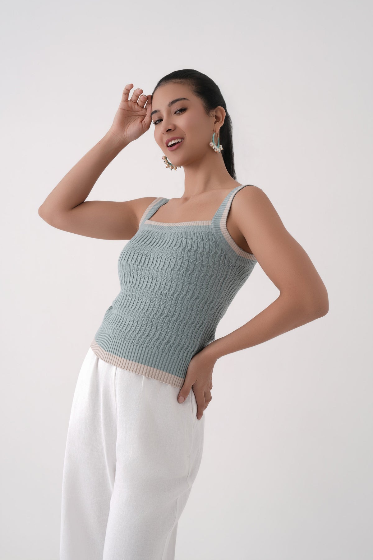 harbor green square neck cable knit tank top