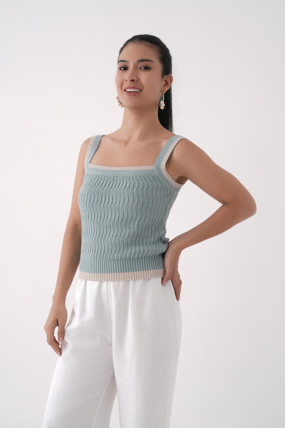 harbor green square neck cable knit tank top