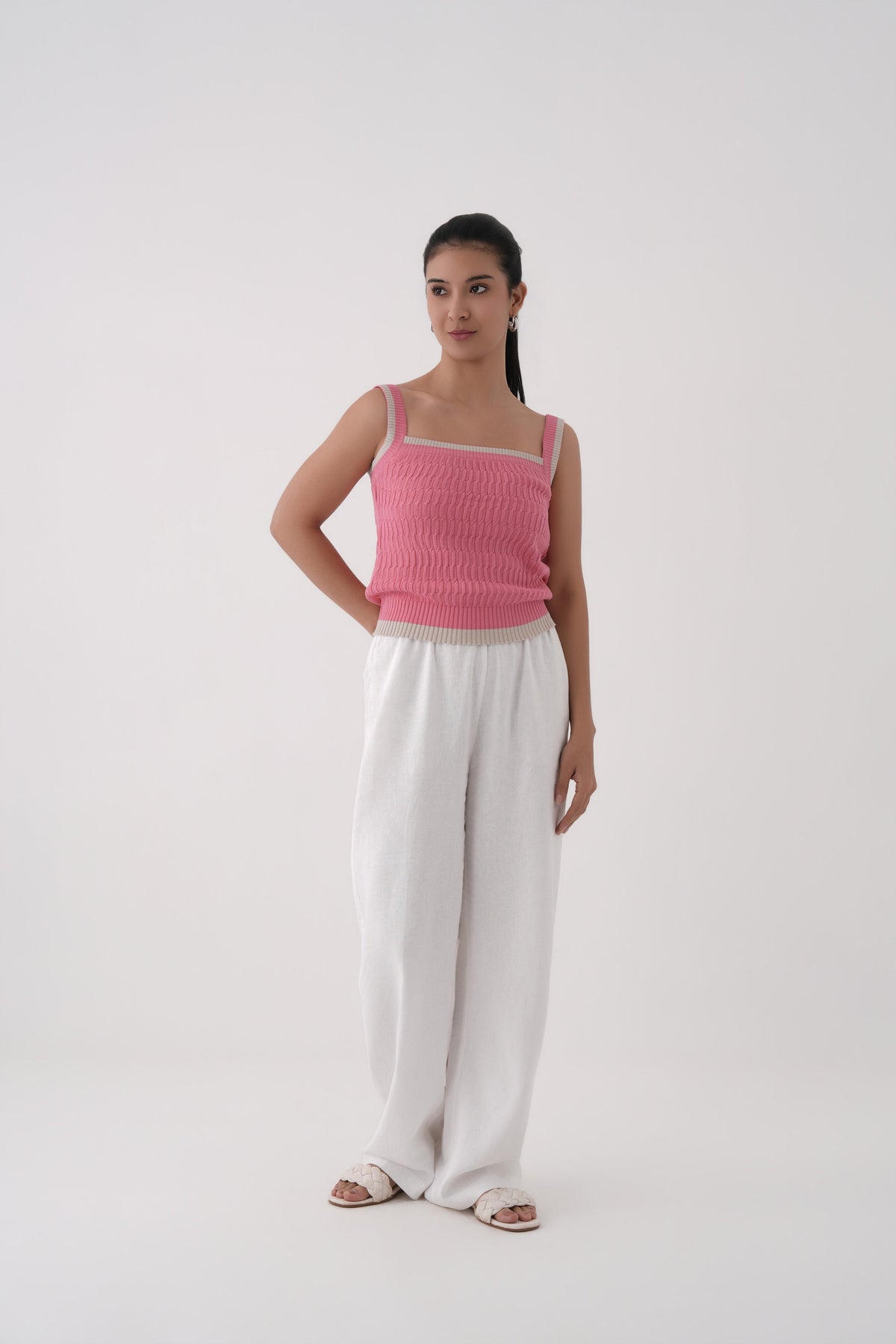 pink square neck cable knit tank top