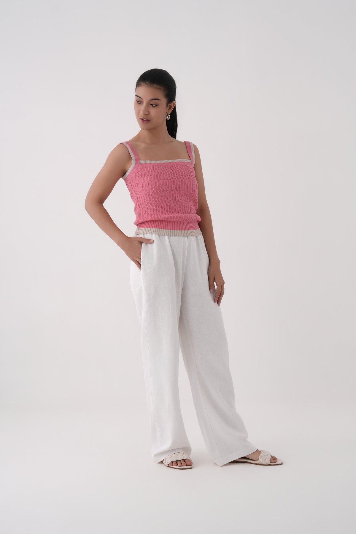 pink square neck cable knit tank top