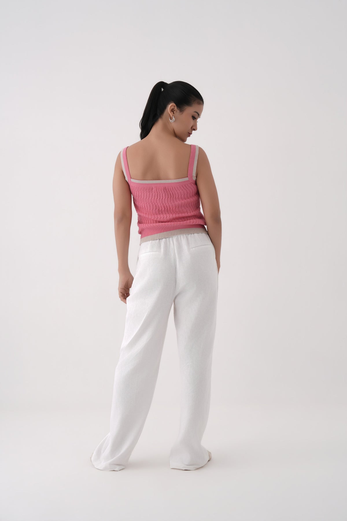 pink square neck cable knit tank top