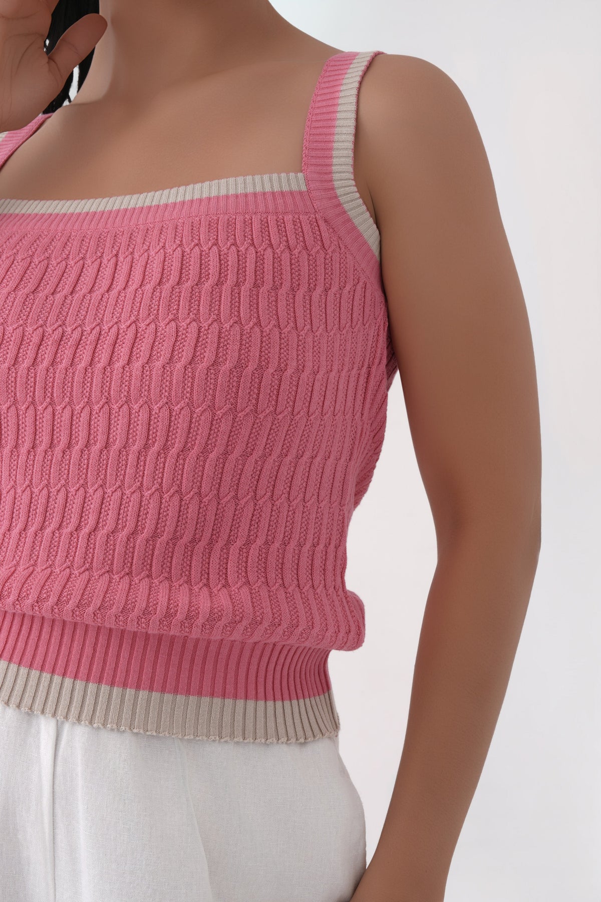 pink square neck cable knit tank top