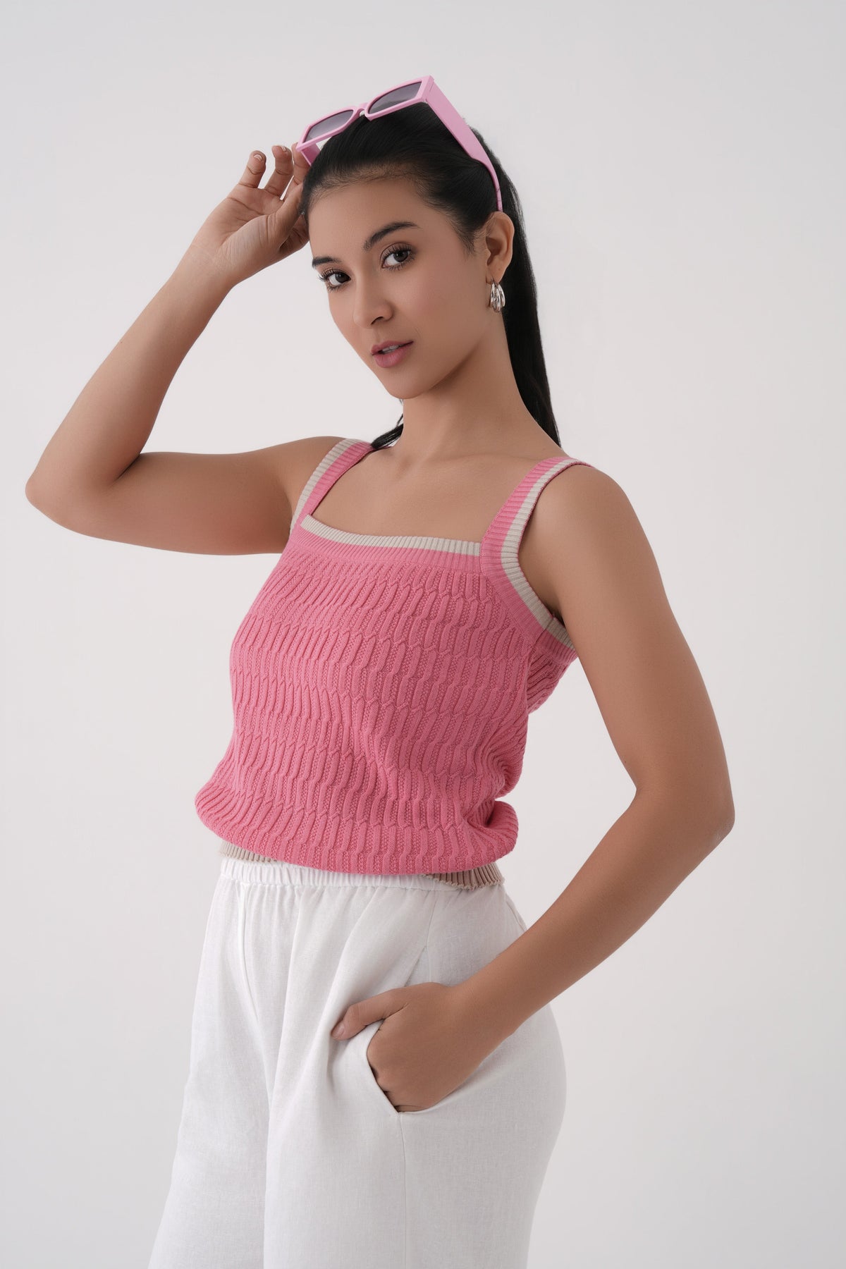 pink square neck cable knit tank top
