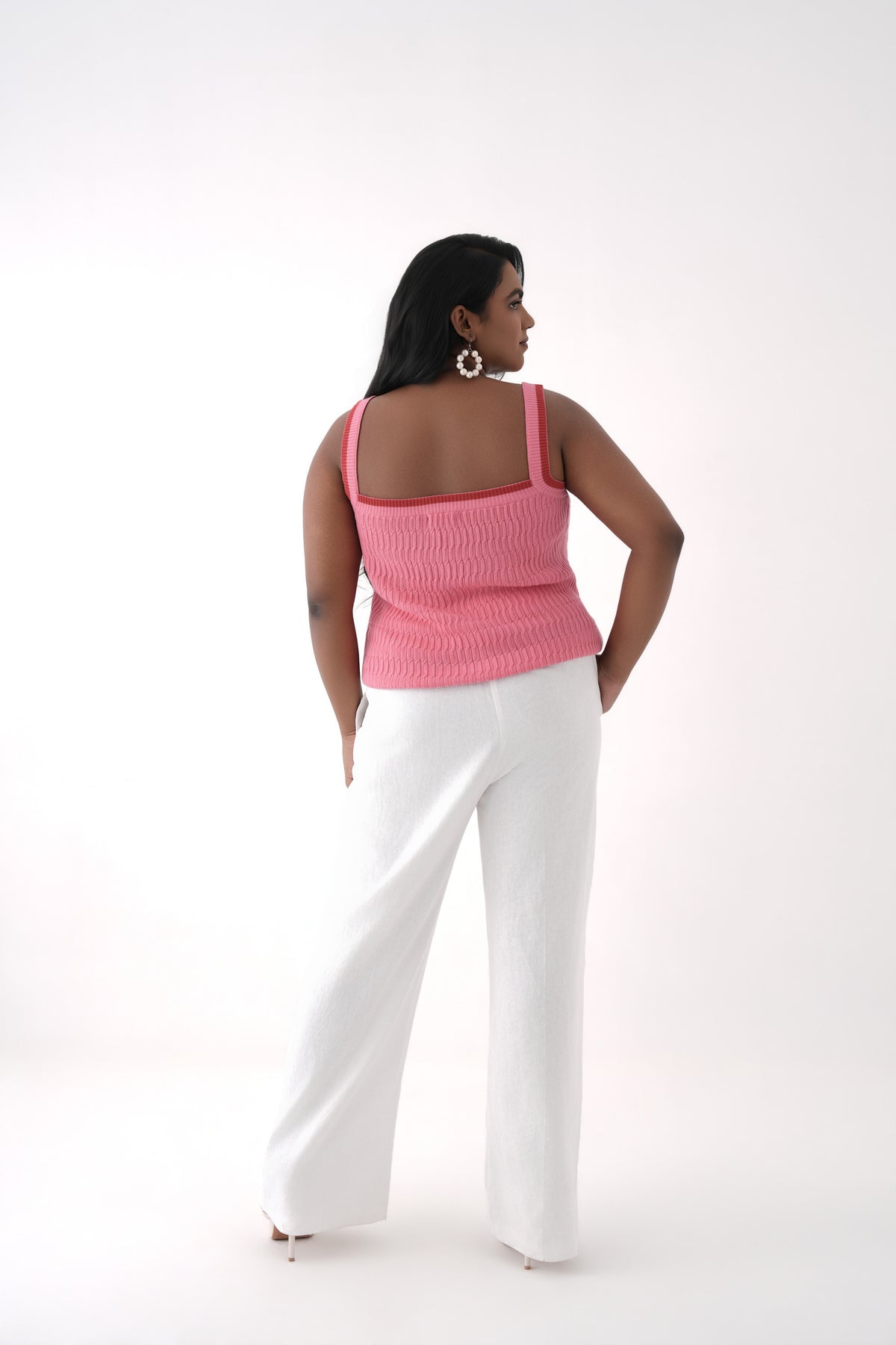 pink square neck cable knit tank top