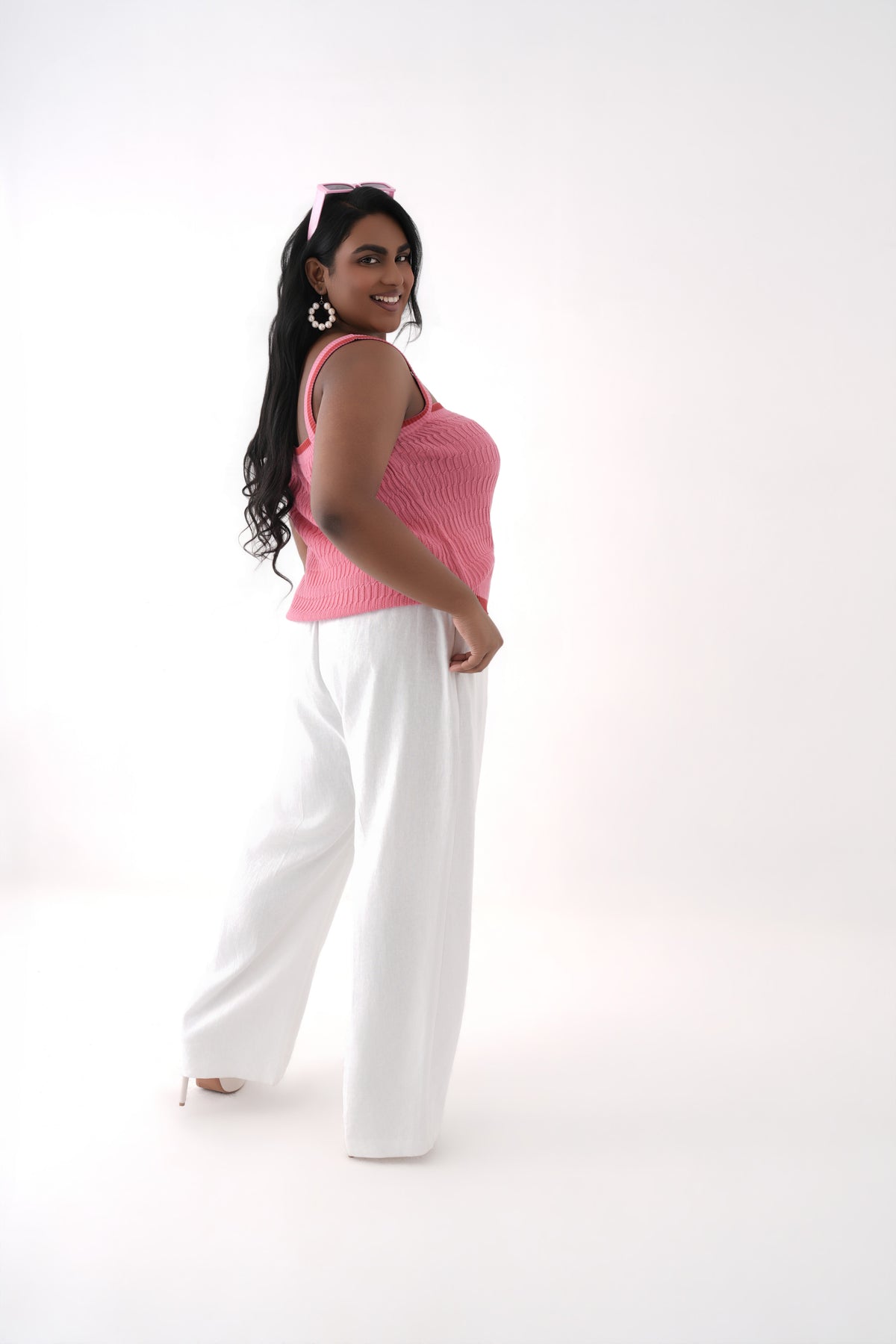 pink square neck cable knit tank top