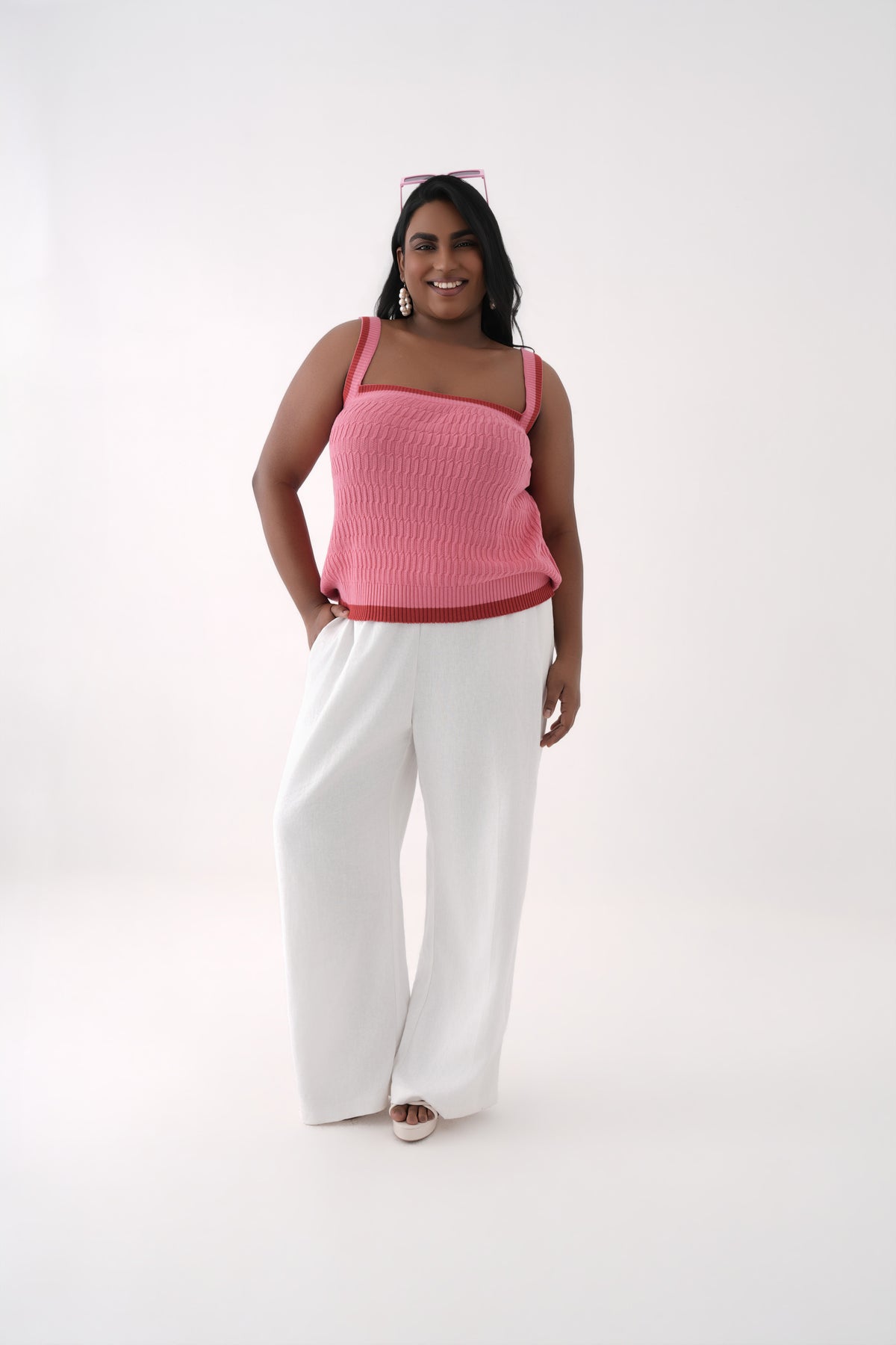 pink square neck cable knit tank top