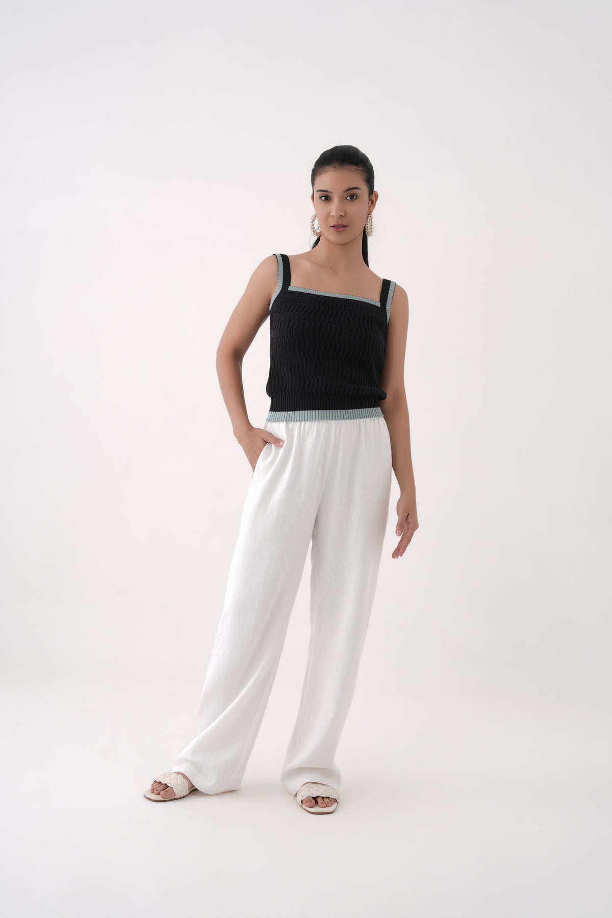 black square neck cable knit tank top