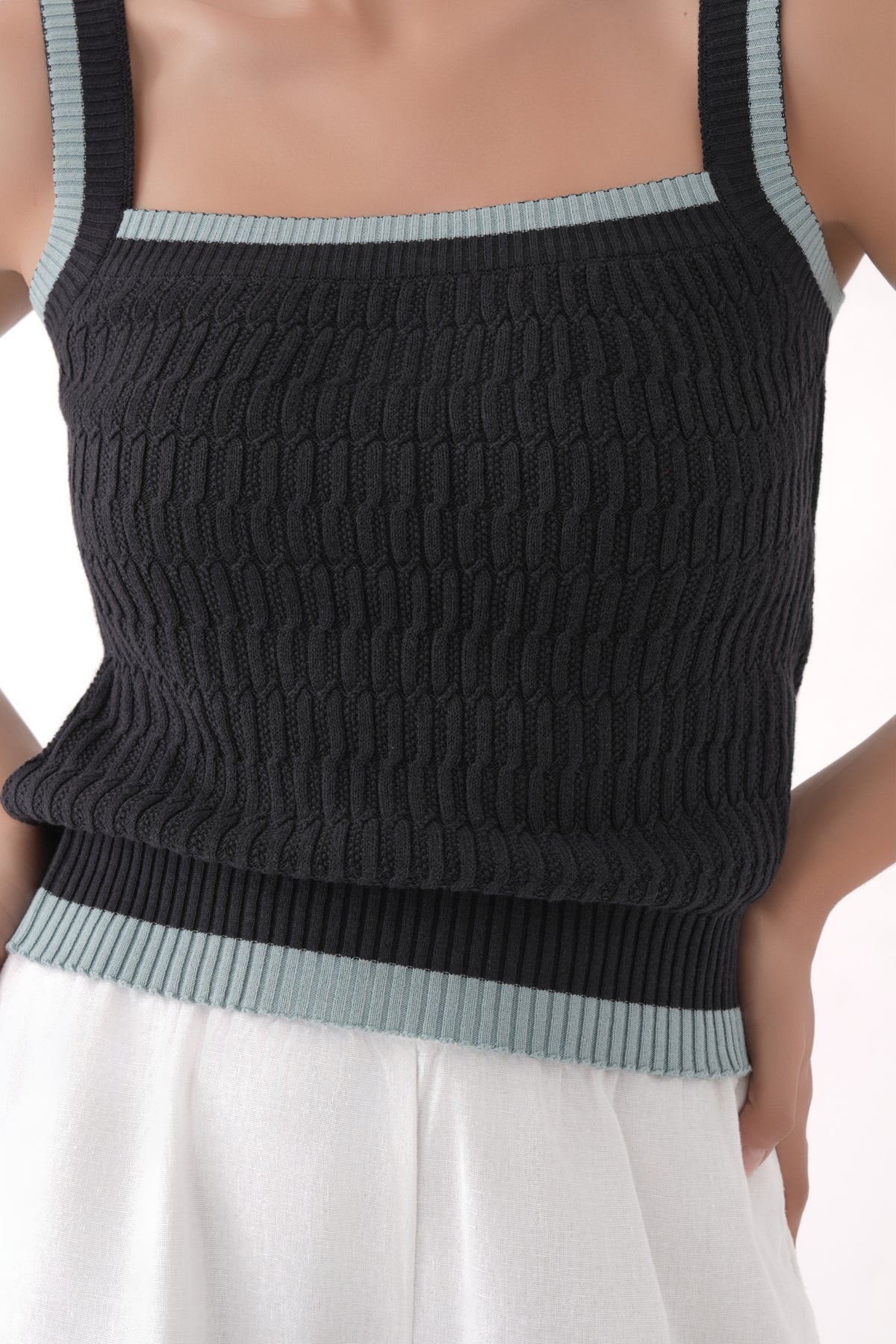 black square neck cable knit tank top
