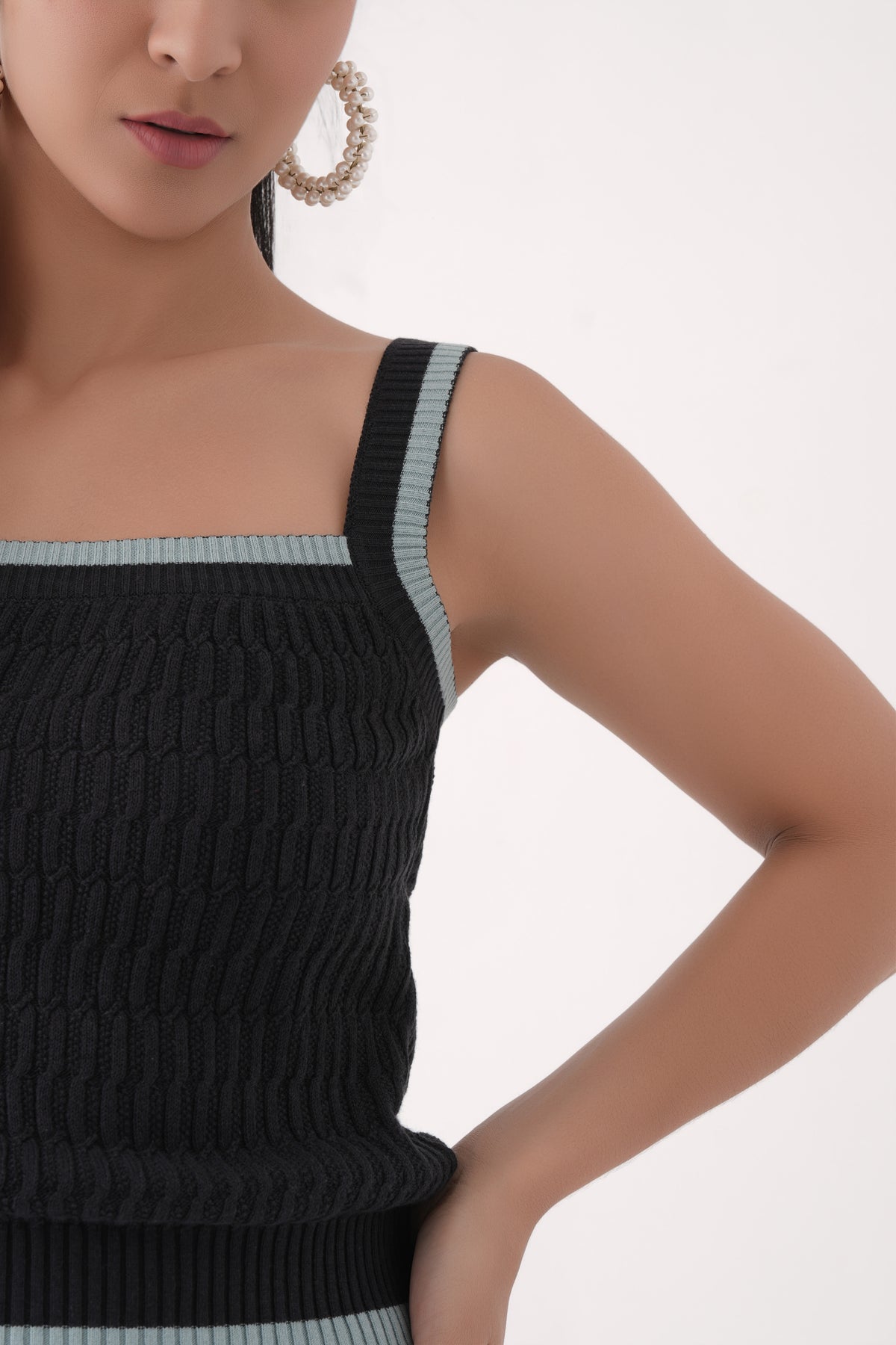 black square neck cable knit tank top