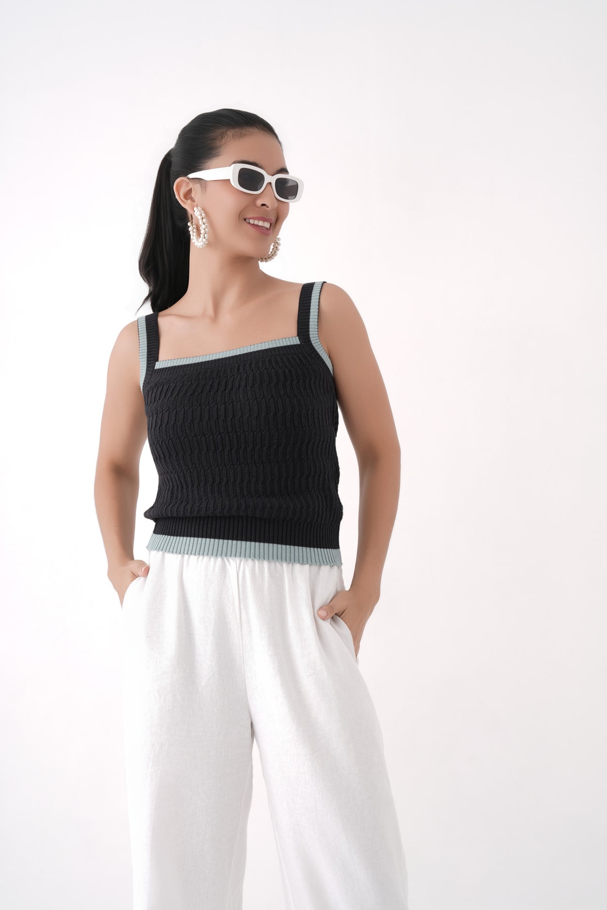 black square neck cable knit tank top